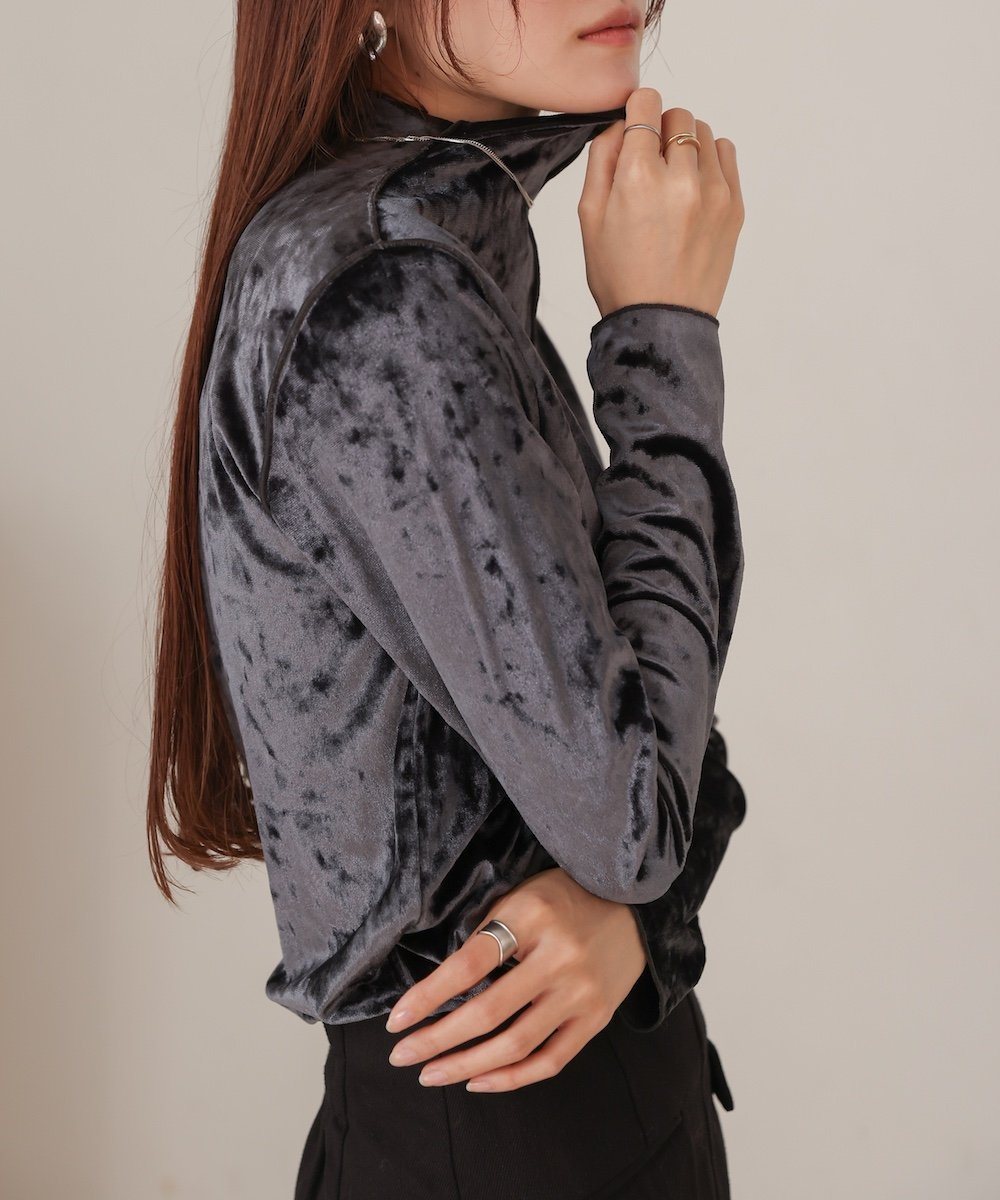 【バブ ブージュルード/Bab Bou Jeloud】の前後2WAYベロアハイネックメロートップス 人気、トレンドファッション・服の通販 founy(ファニー) 　ファッション　Fashion　レディースファッション　Fashion for Women　トップス・カットソー　Cut & Sew Tops　ベロアトップス　Velour Tops / Velvet-Look Items　切替　Switching, Contrast Panel　シャイニー　Shiny, Glossy Finish　シンプル　Simple, Minimal　ジーンズ　Jeans, Denim Pants　ストレッチ　Stretch, Stretchy Fabric　ストレート　Straight, Straight Cut　スマート　Smart, Elegant　センター　Center, Center Line　チェック　Check, Plaid, Tartan　トレンド　Trend, Trending Now　定番　Standard, Basic Item　ビスチェ　Bustier, Corset Top　ベスト　Vest, Waistcoat　ベロア　Velour, Soft Velvet　再入荷　Restock / Back in Stock　 other-1|ID: prp329100004743960 ipo3291000000034284045