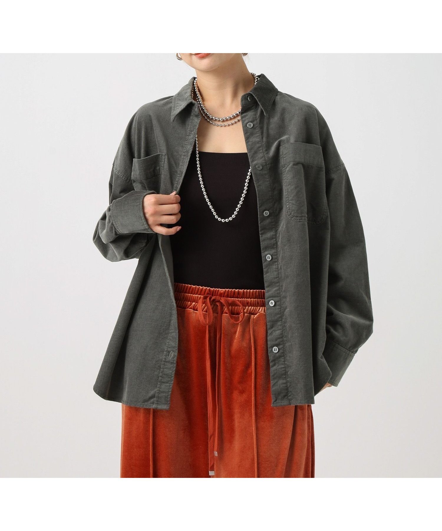 【ベイフロー/BAYFLOW】の2WAYコーデュロイシャツ インテリア・キッズ・メンズ・レディースファッション・服の通販 founy(ファニー) 　ファッション　Fashion　レディースファッション　Fashion for Women　トップス・カットソー　Cut & Sew Tops　シャツ・ブラウス・オフィスカジュアル　Elegant Blouses & Button-Ups　おすすめ　Recommended / Our Picks　カシュクール　Wrap Design　コーデュロイ　Corduroy, Cord Fabric　シンプル　Simple, Minimal　ボトム　Bottoms, Lower Wear　ポケット　Pocket, Pocket Detail　チャコール18|ID: prp329100004743991 ipo3291000000034284854