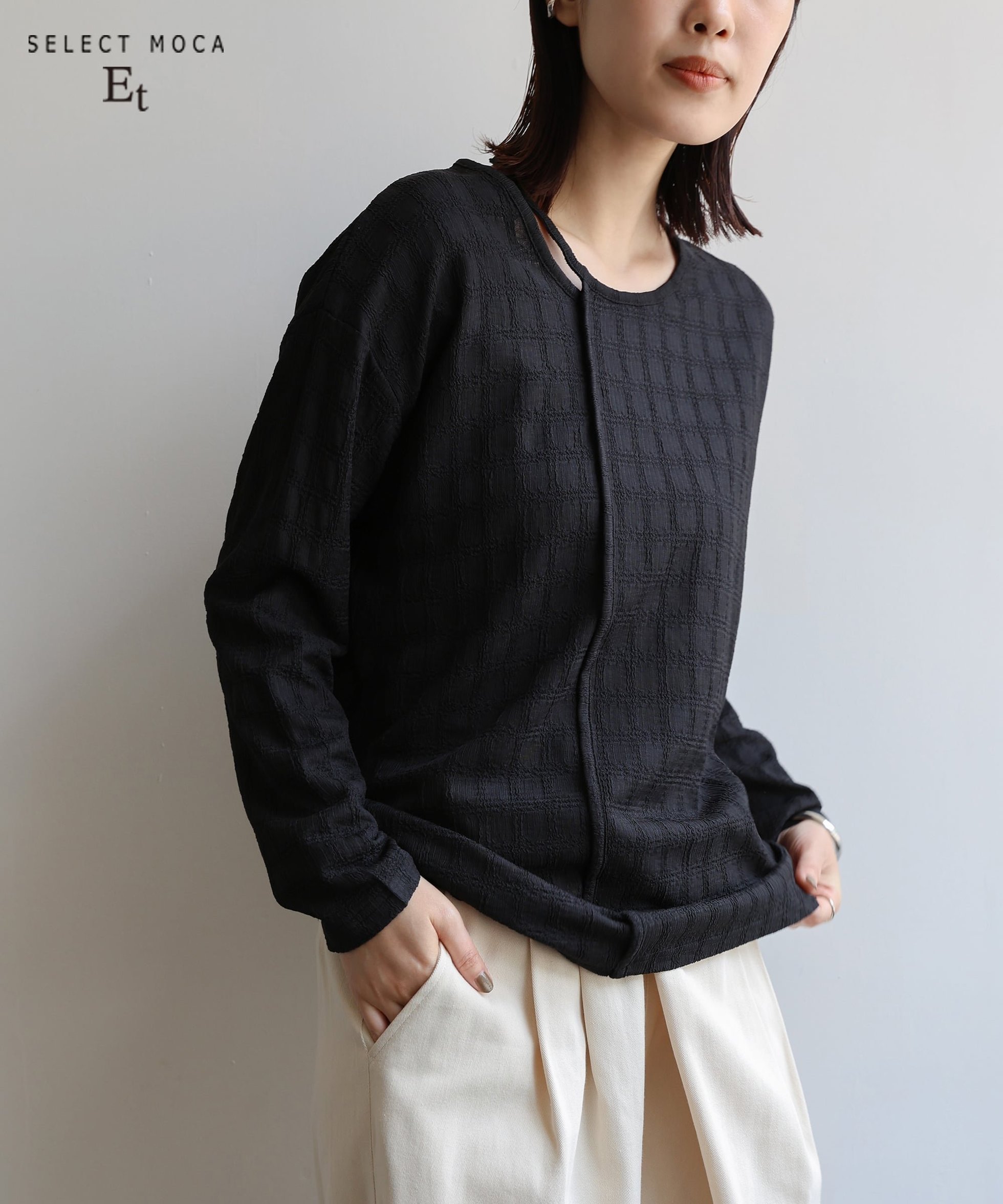 【セレクトモカ/SELECT MOCA】の【Et】アシンメトリーネックシャーリングトップス インテリア・キッズ・メンズ・レディースファッション・服の通販 founy(ファニー) 　ファッション　Fashion　レディースファッション　Fashion for Women　トップス・カットソー　Cut & Sew Tops　おすすめ　Recommended / Our Picks　インナー　Innerwear　カーディガン　Cardigan, Knitwear　シアー　Sheer, See-Through　シャーリング　Shirring, Ruched　シンプル　Simple, Minimal　ジャケット　Jacket, Outerwear　人気　Popular, Best Seller　ブラック-990|ID: prp329100004744072 ipo3291000000034286429