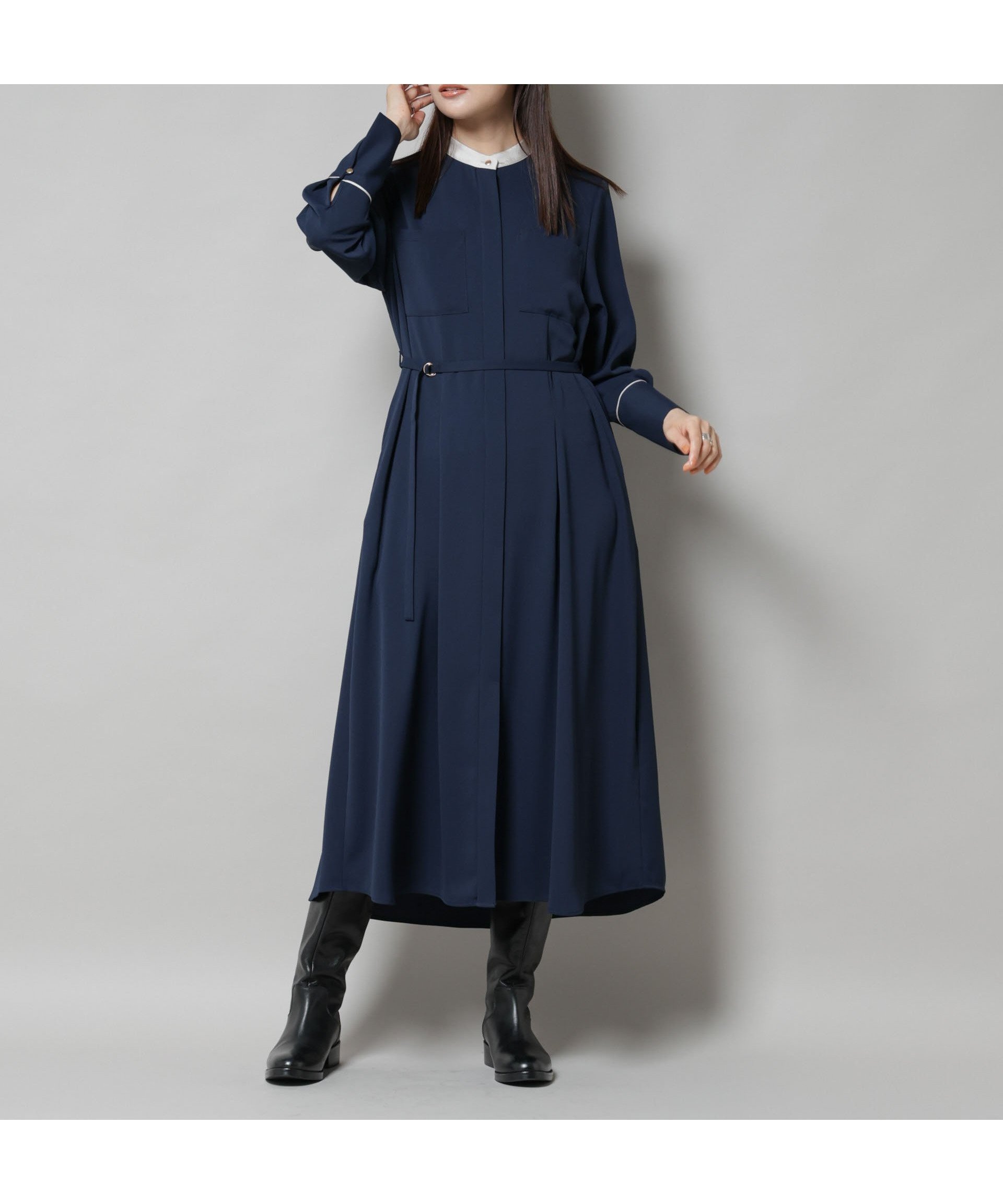 【ナノ ユニバース/nano universe】のスタンドバイカラーベルト付きワンピース インテリア・キッズ・メンズ・レディースファッション・服の通販 founy(ファニー) 　ファッション　Fashion　レディースファッション　Fashion for Women　ワンピース　Dresses　ベルト&ウエストマーク　Belts & Waist Accessories　アクセサリー　Fashion Accessories　カフス　Cuff Design　ジョーゼット　Georgette, Semi-Sheer Fabric　スタンド　Stand Collar, Upright Stand　バランス　Balance, Style Balance　フロント　Front, Front Design　ポケット　Pocket, Pocket Detail　ラウンド　Round, Round Neck　ロング　Long, Long-Length　2025年　2025　2025-2026秋冬・A/W　Autumn/Winter 2025–26 AW25–26　ネイビー|ID: prp329100004744230 ipo3291000000034288868