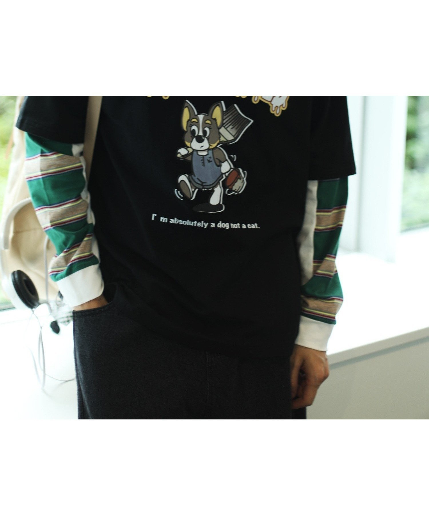 【アイモハ/aimoha】の【HOOK -original- 】かわいいカートゥーンプリントボーダー切り替え袖TEE インテリア・キッズ・メンズ・レディースファッション・服の通販 founy(ファニー) 　ファッション　Fashion　レディースファッション　Fashion for Women　トップス・カットソー　Cut & Sew Tops　おすすめ　Recommended / Our Picks　ブラック|ID: prp329100004744288 ipo3291000000034435411