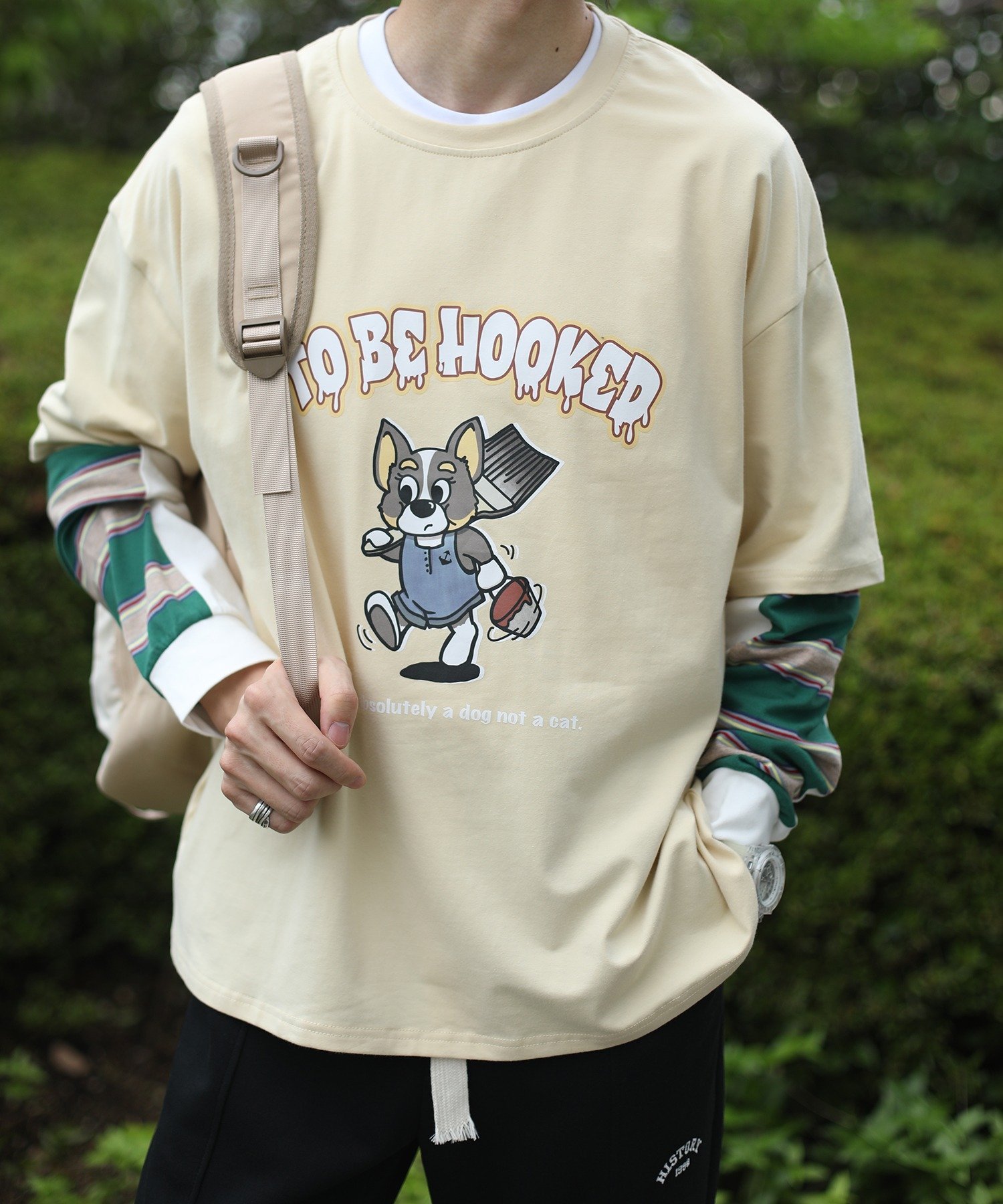 【アイモハ/aimoha】の【HOOK -original- 】かわいいカートゥーンプリントボーダー切り替え袖TEE インテリア・キッズ・メンズ・レディースファッション・服の通販 founy(ファニー) 　ファッション　Fashion　レディースファッション　Fashion for Women　トップス・カットソー　Cut & Sew Tops　おすすめ　Recommended / Our Picks　ベージュ|ID: prp329100004744288 ipo3291000000034435412