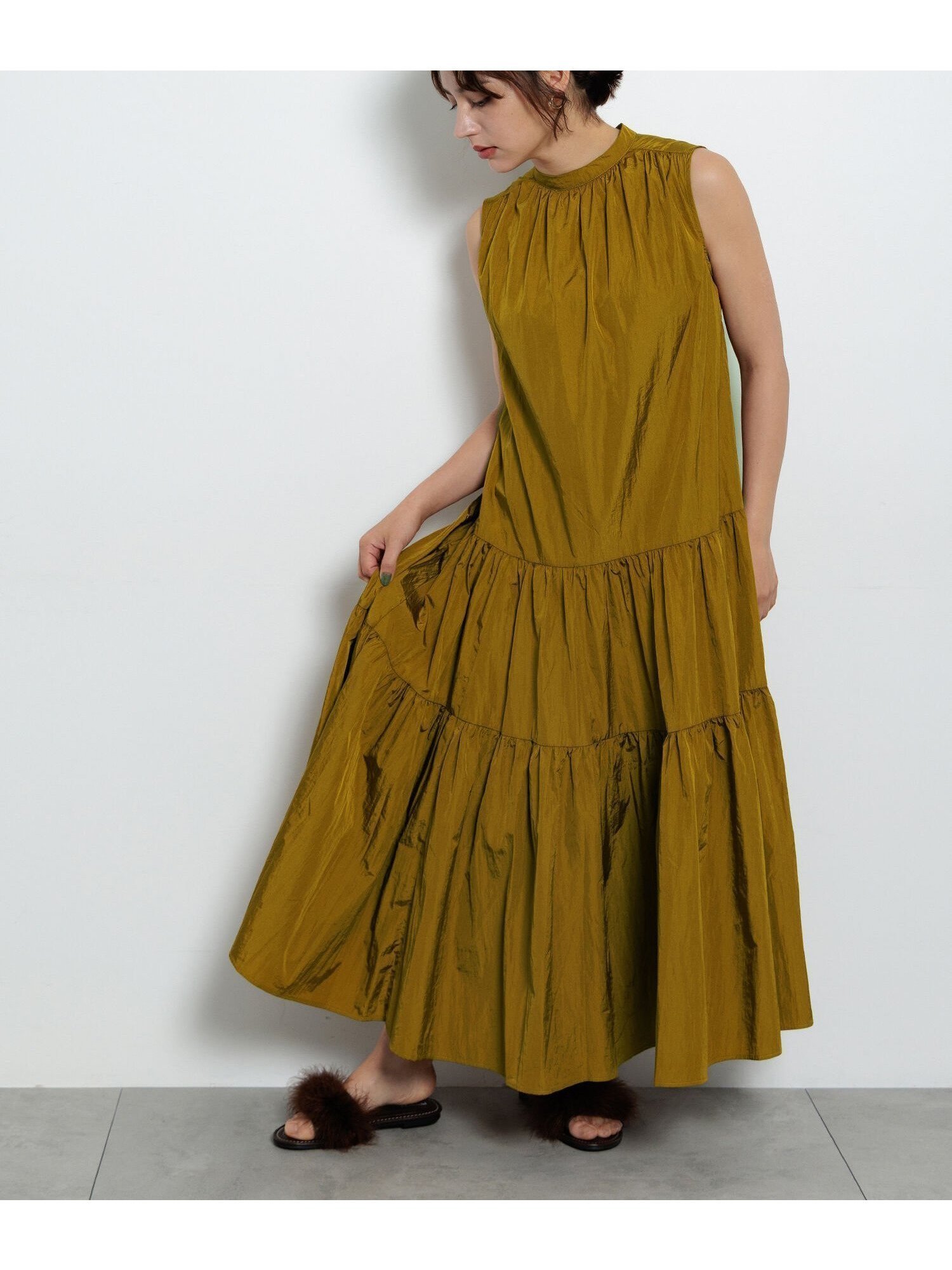 【テチチ/Te chichi】のナイロンティアードワンピース インテリア・キッズ・メンズ・レディースファッション・服の通販 founy(ファニー) 　ファッション　Fashion　レディースファッション　Fashion for Women　ワンピース　Dresses　エアリー　Airy Texture　ギャザー　Gathered, Ruffled　ティアードワンピース　Tiered Dress, Flared Dress　フォルム　Silhouette, Form　エレガント 上品　Elegant　イエロー|ID: prp329100004744289 ipo3291000000034289883