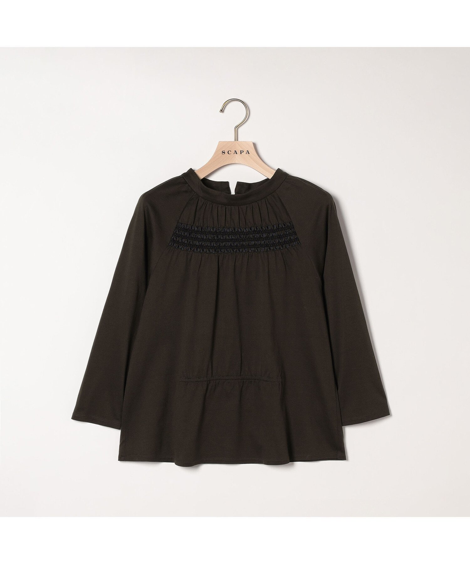 【スキャパ/SCAPA】のシルケットテンジク長袖カットソー 人気、トレンドファッション・服の通販 founy(ファニー) 　ファッション　Fashion　レディースファッション　Fashion for Women　トップス・カットソー　Cut & Sew Tops　カットソー・ベーシックTシャツ　Cut-and-Sewn Tops / Stretch Tees & Basics　カットソー　Cut and Sewn Top　シャーリング　Shirring, Ruched　シルケット　Silket, Silky Cotton　スタンド　Stand Collar, Upright Stand　フェミニン　Feminine, Girly　フレア　Flare, Flared　フロント　Front, Front Design　ボトム　Bottoms, Lower Wear　長袖　Long Sleeve, Full Sleeve　 other-1|ID: prp329100004744449 ipo3291000000034292152
