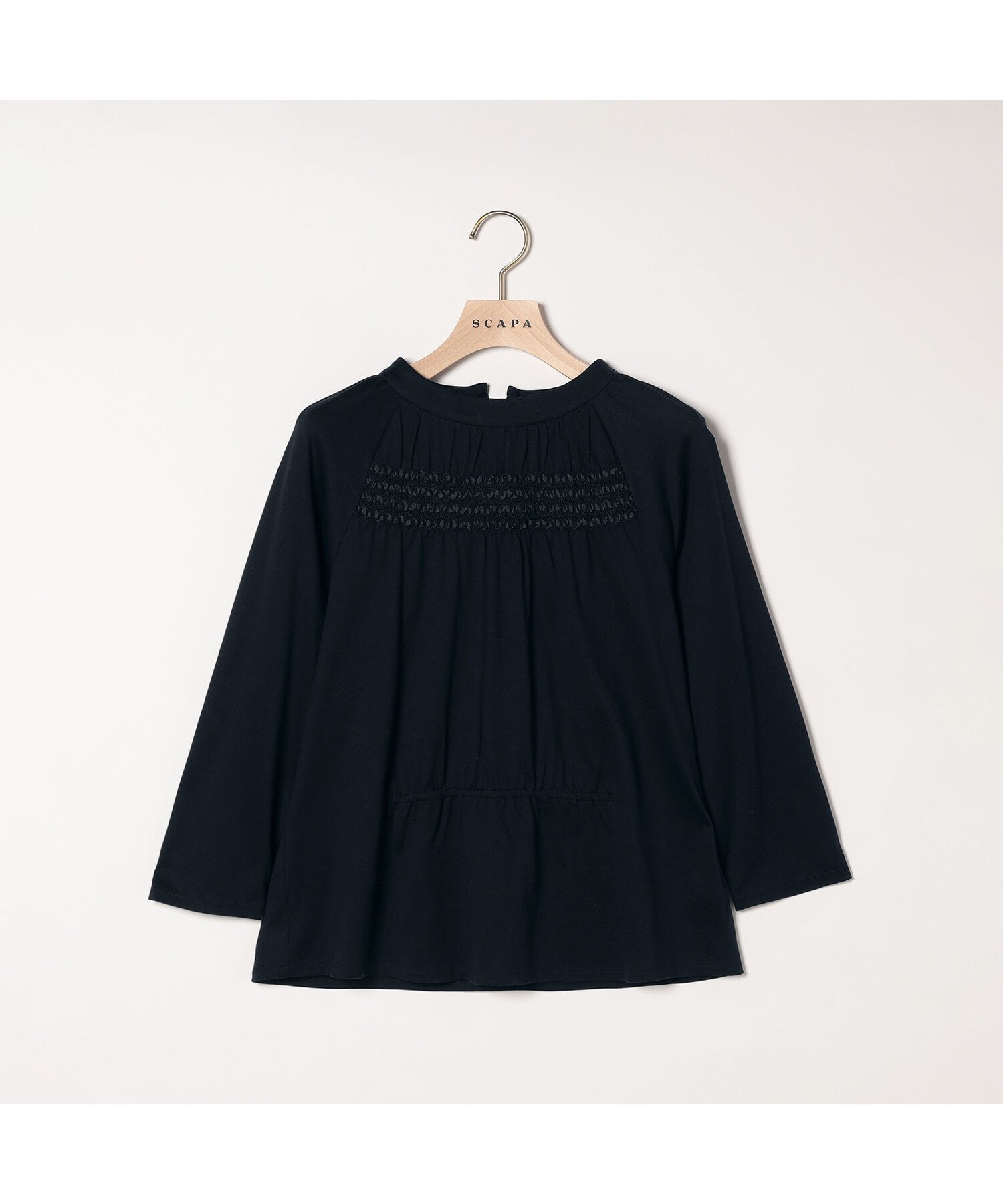 【スキャパ/SCAPA】のシルケットテンジク長袖カットソー インテリア・キッズ・メンズ・レディースファッション・服の通販 founy(ファニー) 　ファッション　Fashion　レディースファッション　Fashion for Women　トップス・カットソー　Cut & Sew Tops　カットソー・ベーシックTシャツ　Cut-and-Sewn Tops / Stretch Tees & Basics　カットソー　Cut and Sewn Top　シャーリング　Shirring, Ruched　シルケット　Silket, Silky Cotton　スタンド　Stand Collar, Upright Stand　フェミニン　Feminine, Girly　フレア　Flare, Flared　フロント　Front, Front Design　ボトム　Bottoms, Lower Wear　長袖　Long Sleeve, Full Sleeve　ネイビー|ID: prp329100004744449 ipo3291000000034292154