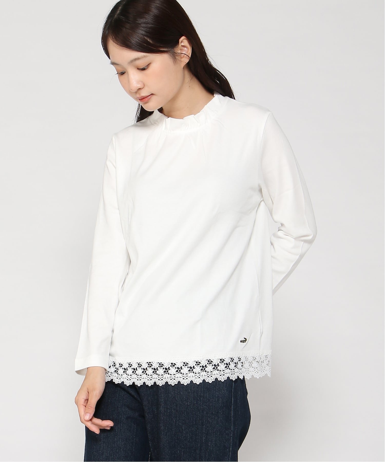 【クロコダイル/CROCODILE】のレース裾 ハイネック プルオーバー インテリア・キッズ・メンズ・レディースファッション・服の通販 founy(ファニー) 　ファッション　Fashion　レディースファッション　Fashion for Women　トップス・カットソー　Cut & Sew Tops　カジュアルプルオーバー・ニットトップス　Pullovers & Knit Tops / Casual Pullovers　シンプル　Simple, Minimal　ハイネック　High Neck, Mock Neck　レース　Lace, Lace Fabric　エレガント 上品　Elegant　ホワイト|ID: prp329100004744815 ipo3291000000034296851