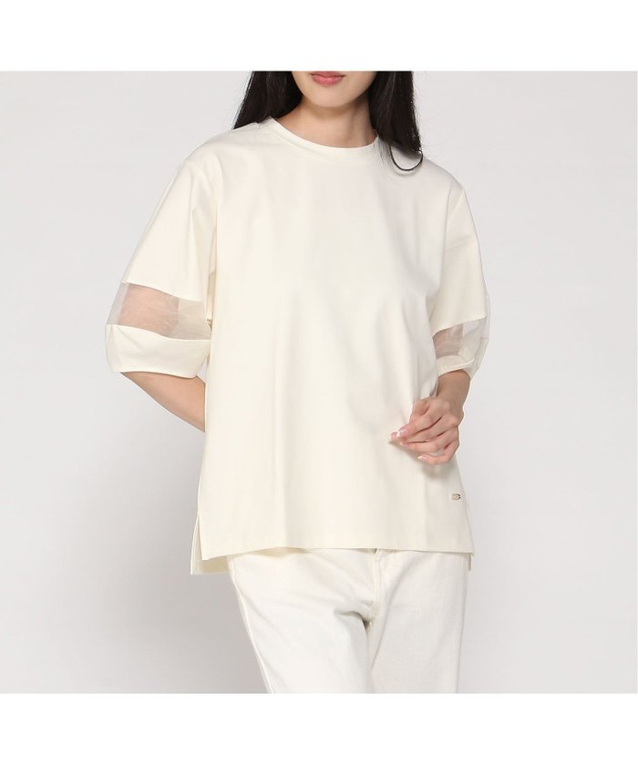 【クロコダイル/CROCODILE】のチュール切り替え デザイン Tシャツ インテリア・キッズ・メンズ・レディースファッション・服の通販 founy(ファニー) https://founy.com/ ファッション Fashion レディースファッション Fashion for Women トップス・カットソー Cut & Sew Tops シャツ・ブラウス・オフィスカジュアル Elegant Blouses & Button-Ups ロングTシャツ・Tシャツ Longline T-Shirts & Tees シアー Sheer, See-Through スリーブ Sleeve, Long Sleeve / Short Sleeve チュール Tulip, Tulip Motif |ID: prp329100004744827 ipo3291000000034297034