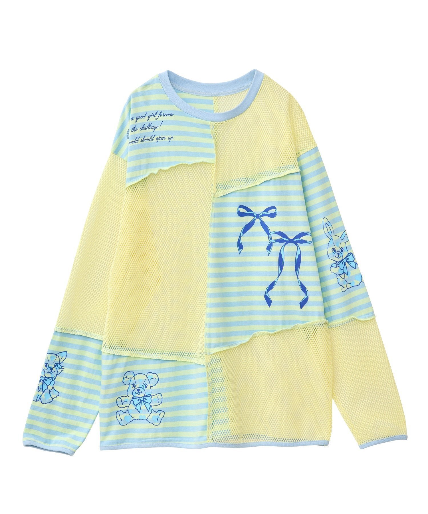 【キャンディストリッパー/Candy Stripper】のHEARTFUL FRIENDS PATCH WORK TOPS インテリア・キッズ・メンズ・レディースファッション・服の通販 founy(ファニー) 　ファッション　Fashion　レディースファッション　Fashion for Women　トップス・カットソー　Cut & Sew Tops　イエロー　Yellow　カットソー　Cut and Sewn Top　グラフィック　Graphic, Graphic Design　ビビッド　Vivid, Bright Tone　ボーダー　Border, Stripe　メッシュ　Mesh, Net Fabric　ランダム　Random, Irregular　リボン　Ribbon, Bow　夏　Summer　LIGHT YELLOW×LIGHT BLUE|ID: prp329100004745206 ipo3291000000034301895