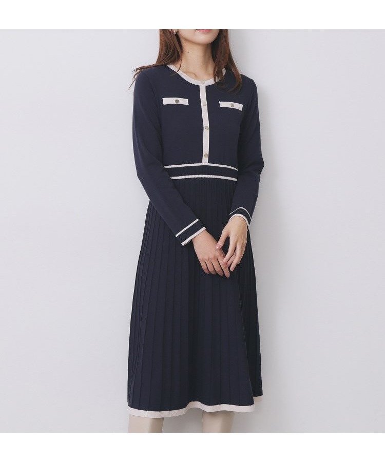 【インデックス/INDEX】のバイカラードッキング風ニットワンピース【洗濯機OK/抗ピル】 インテリア・キッズ・メンズ・レディースファッション・服の通販 founy(ファニー) 　ファッション　Fashion　レディースファッション　Fashion for Women　ワンピース　Dresses　ニットワンピース　Knit Dresses　おすすめ　Recommended / Our Picks　エレガント 上品　Elegant　シンプル　Simple, Minimal　スマート　Smart, Elegant　フロント　Front, Front Design　プリーツ　Pleats, Pleated　ポケット　Pocket, Pocket Detail　ネイビー|ID: prp329100004745233 ipo3291000000034653045