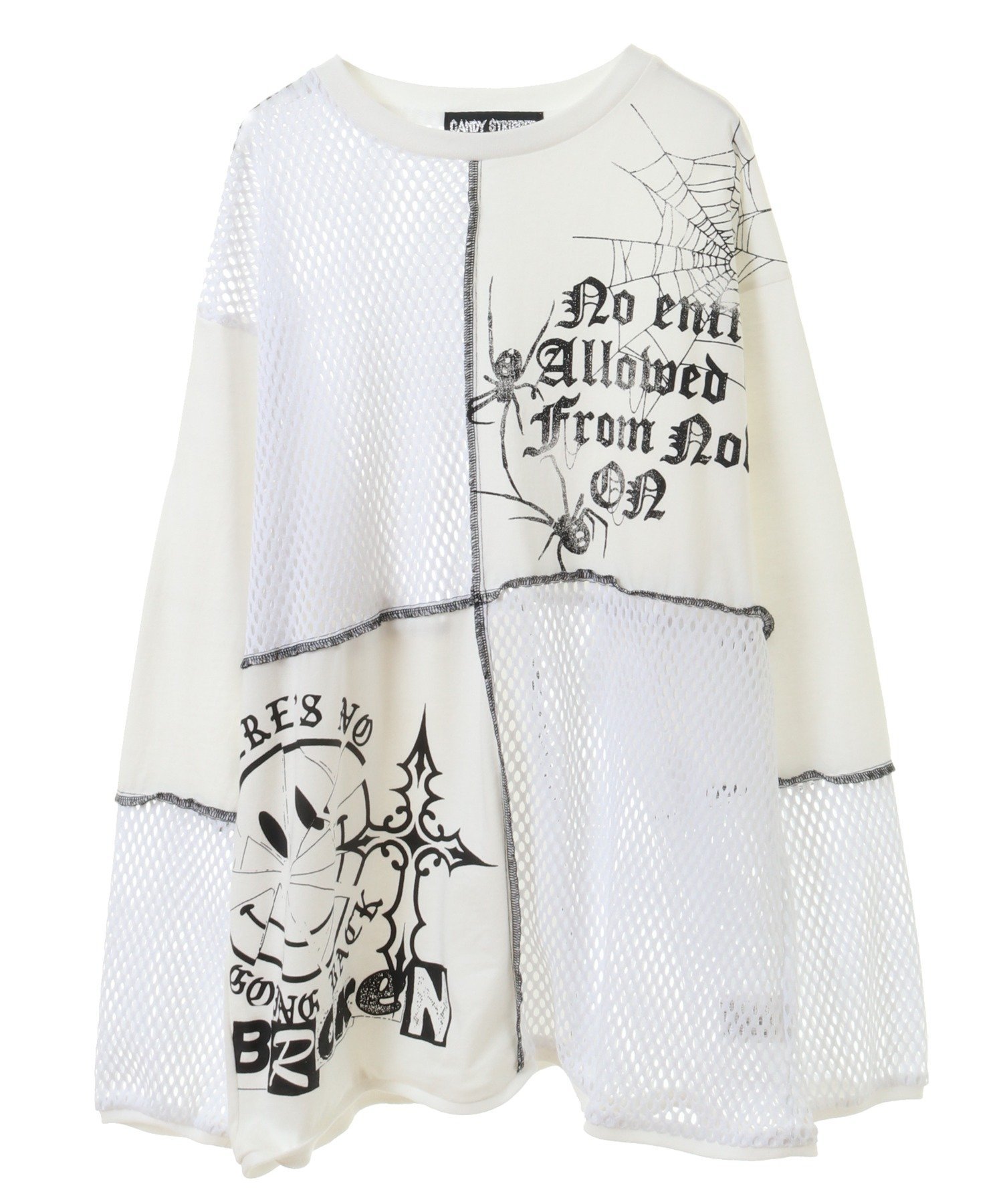 【キャンディストリッパー/Candy Stripper】のDOCKING MESH TOPS インテリア・キッズ・メンズ・レディースファッション・服の通販 founy(ファニー) 　ファッション　Fashion　レディースファッション　Fashion for Women　トップス・カットソー　Cut & Sew Tops　おすすめ　Recommended / Our Picks　グラフィック　Graphic, Graphic Design　プリント　Print, Printed Pattern　メッシュ　Mesh, Net Fabric　モチーフ　Motif, Design Theme　リメイク　Remake, Reconstructed　OFF WHITE|ID: prp329100004745298 ipo3291000000034303302