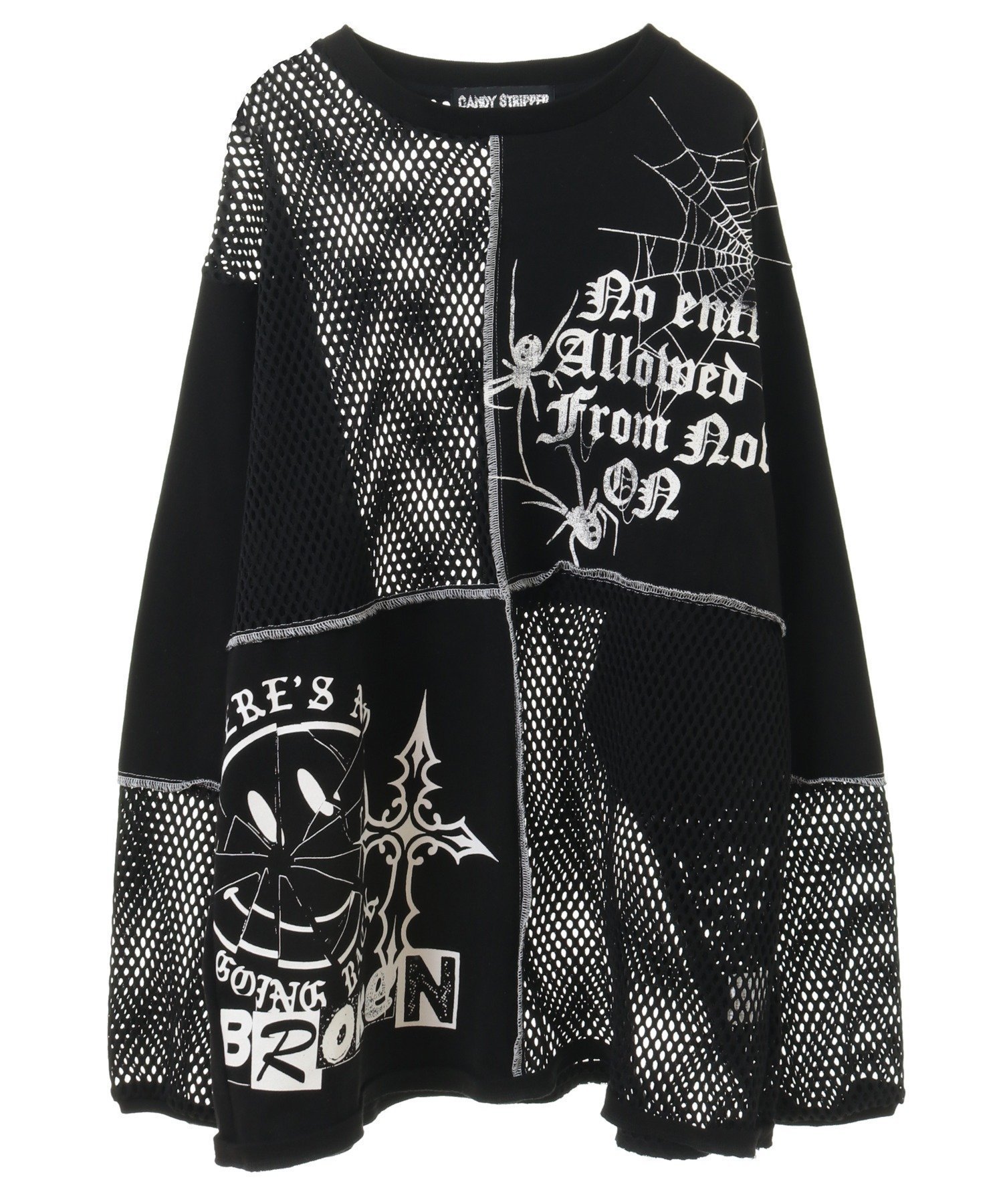 【キャンディストリッパー/Candy Stripper】のDOCKING MESH TOPS インテリア・キッズ・メンズ・レディースファッション・服の通販 founy(ファニー) 　ファッション　Fashion　レディースファッション　Fashion for Women　トップス・カットソー　Cut & Sew Tops　おすすめ　Recommended / Our Picks　グラフィック　Graphic, Graphic Design　プリント　Print, Printed Pattern　メッシュ　Mesh, Net Fabric　モチーフ　Motif, Design Theme　リメイク　Remake, Reconstructed　BLACK|ID: prp329100004745298 ipo3291000000034303305