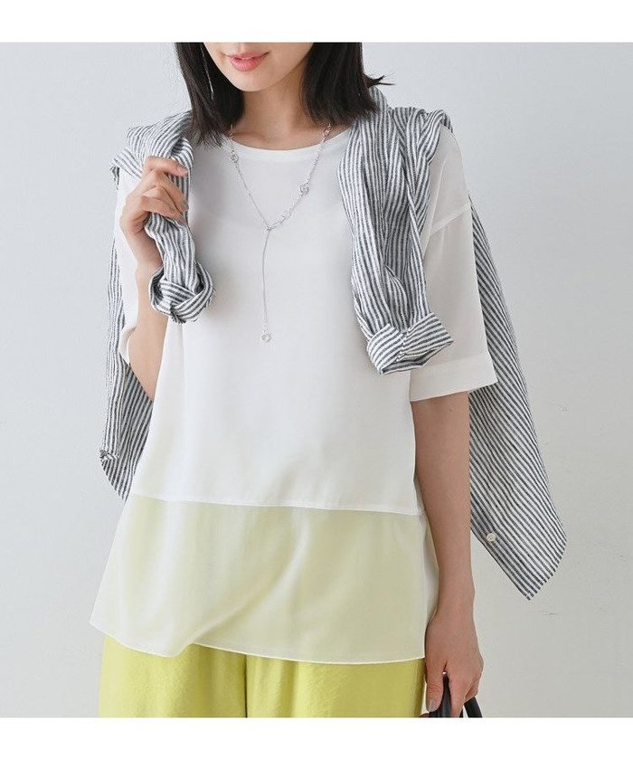 【インディヴィ/INDIVI】の【洗える】裾シアー半袖トップス インテリア・キッズ・メンズ・レディースファッション・服の通販 founy(ファニー) https://founy.com/ ファッション Fashion レディースファッション Fashion for Women トップス・カットソー Cut & Sew Tops おすすめ Recommended / Our Picks インナー Innerwear シアー Sheer, See-Through シフォン Chiffon, Lightweight Fabric シルク Silk, 100% Silk ジャケット Jacket, Outerwear ジョーゼット Georgette, Semi-Sheer Fabric スマート Smart, Elegant ボトム Bottoms, Lower Wear 半袖 Short Sleeve, Half Sleeve 夏 Summer 定番 Standard, Basic Item 洗える Machine Washable |ID: prp329100004745326 ipo3291000000034303705