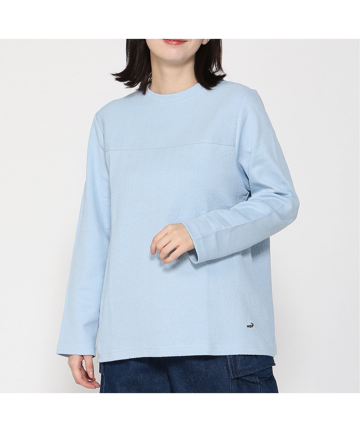 【クロコダイル/CROCODILE】のジャカード 切り替え カットソー インテリア・キッズ・メンズ・レディースファッション・服の通販 founy(ファニー) 　ファッション　Fashion　レディースファッション　Fashion for Women　トップス・カットソー　Cut & Sew Tops　カットソー・ベーシックTシャツ　Cut-and-Sewn Tops / Stretch Tees & Basics　なめらか　Smooth, Silky Texture　インナー　Innerwear　カットソー　Cut and Sewn Top　シンプル　Simple, Minimal　ジャカード／ジャガード　Jacquard, Woven Pattern　サックス|ID: prp329100004745843 ipo3291000000035118402