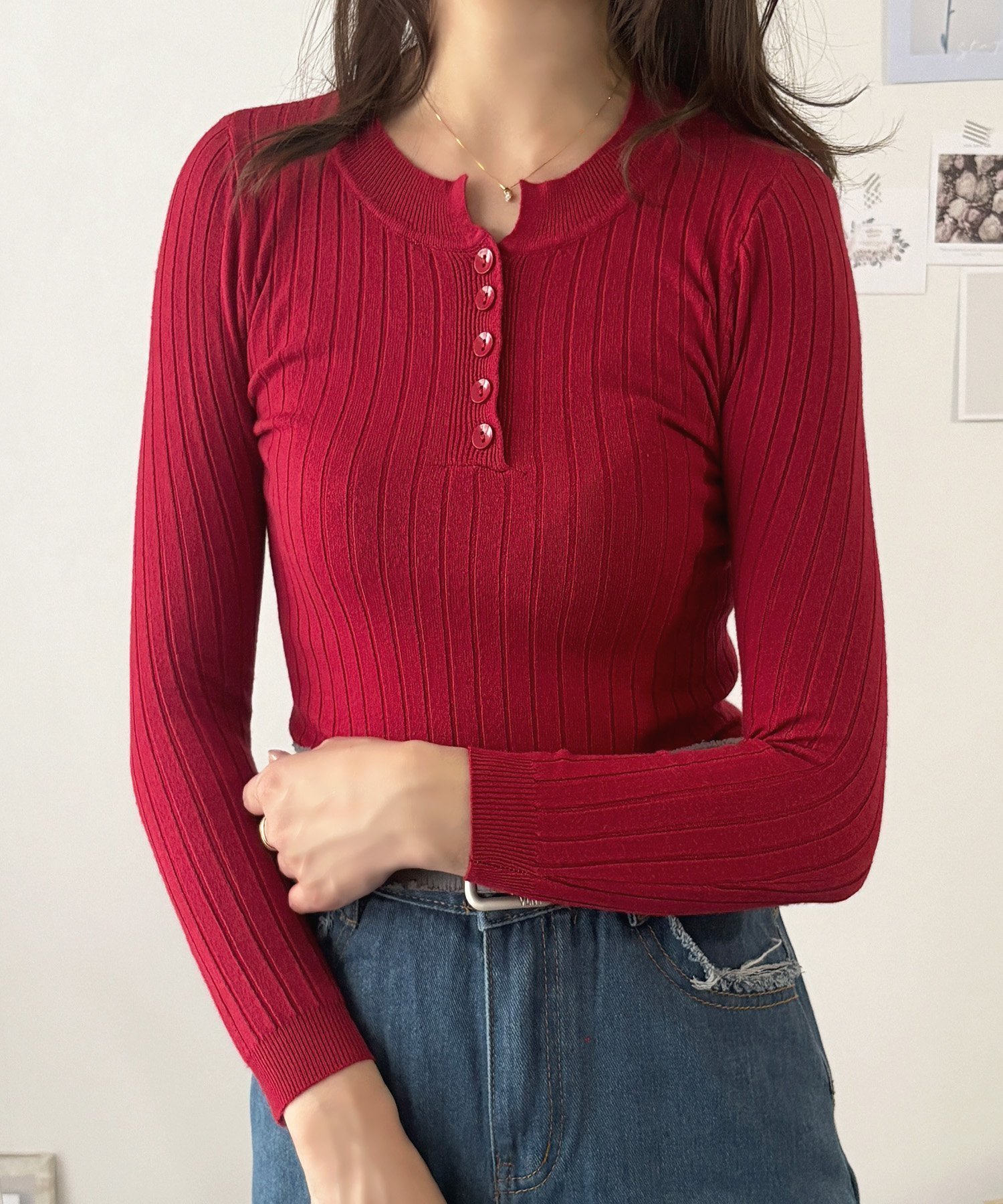 【アミュレット/Amulet】の【Dewlily】長袖リブニットトップス インテリア・キッズ・メンズ・レディースファッション・服の通販 founy(ファニー) 　ファッション　Fashion　レディースファッション　Fashion for Women　トップス・カットソー　Cut & Sew Tops　ニット　Knit Tops & Sweaters　シンプル　Simple, Minimal　フィット　Fit, Slim Fit　フォーマル　Formal, Dressy　フロント　Front, Front Design　A/W・秋冬　Autumn/Winter　長袖　Long Sleeve, Full Sleeve　ワインレッド|ID: prp329100004745874 ipo3291000000034310620