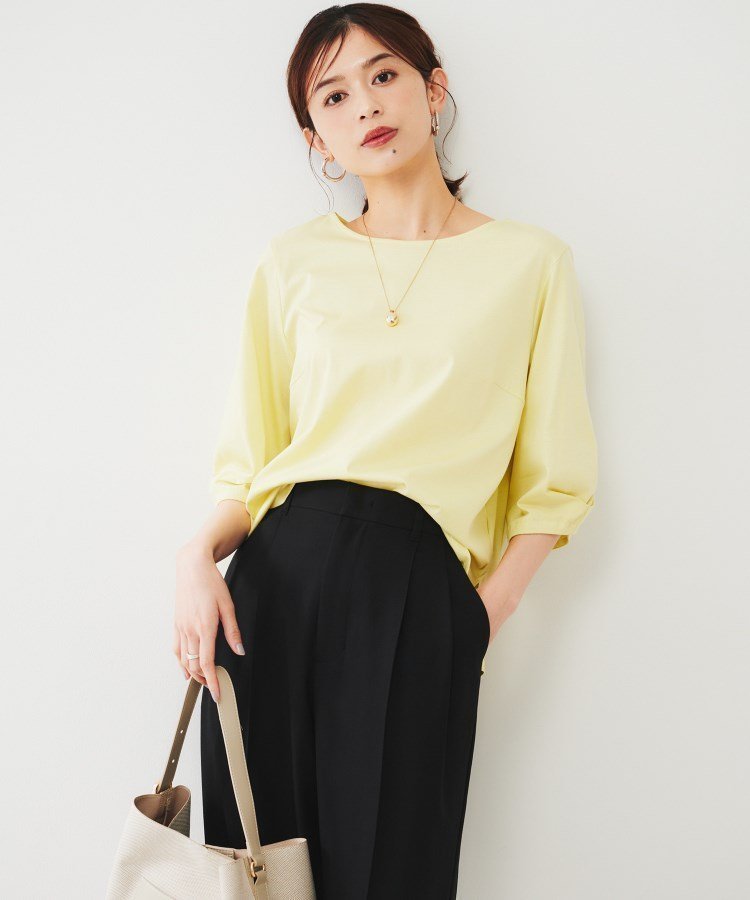 【アンタイトル/UNTITLED】の袖タックカットソー インテリア・キッズ・メンズ・レディースファッション・服の通販 founy(ファニー) 　ファッション　Fashion　レディースファッション　Fashion for Women　トップス・カットソー　Cut & Sew Tops　カットソー・ベーシックTシャツ　Cut-and-Sewn Tops / Stretch Tees & Basics　シルケット　Silket, Silky Cotton　エレガント 上品　Elegant　ライトイエロー|ID: prp329100004746511 ipo3291000000034375148