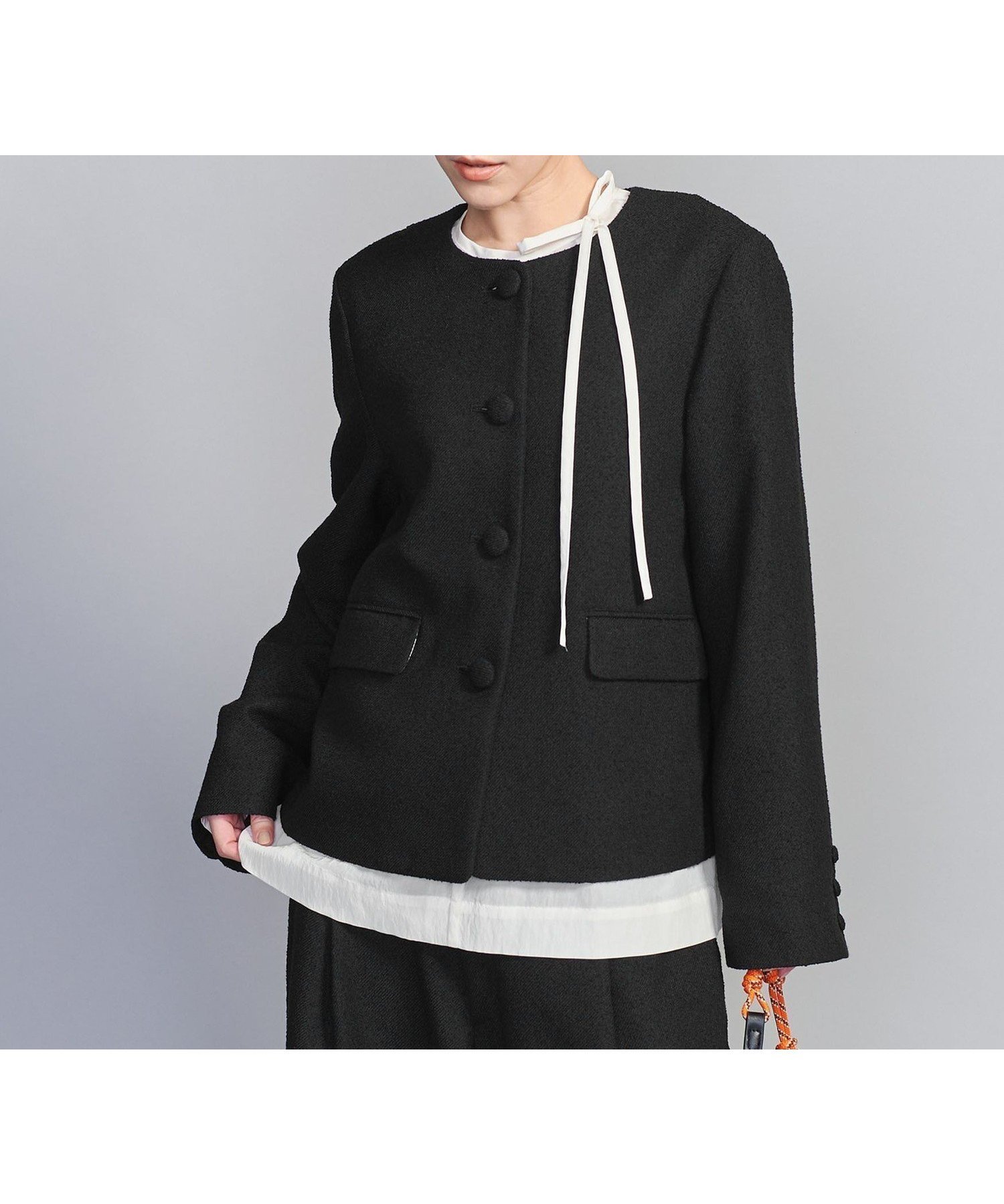 【ユナイテッドアローズ/UNITED ARROWS】のツイードライク ノーカラー ジャケット インテリア・キッズ・メンズ・レディースファッション・服の通販 founy(ファニー) 　ファッション　Fashion　レディースファッション　Fashion for Women　アウター　Coat / Outerwear Collection　レディースジャケット・軽アウター　Jackets　ノーカラージャケット / シンプル上品コーデ　Collarless Jackets　コンパクト　Compact, Small Size　シンプル　Simple, Minimal　ジャケット　Jacket, Outerwear　セットアップ　Set-Up, Coordinated Outfit　ベスト　Vest, Waistcoat　ボトム　Bottoms, Lower Wear　アウトレット　Outlet / Clearance　おすすめ　Recommended / Our Picks　セレモニー　Ceremony　ビジネス 仕事 通勤　Business / Work / Commuting　BLACK|ID: prp329100004746558 ipo3291000000034934789