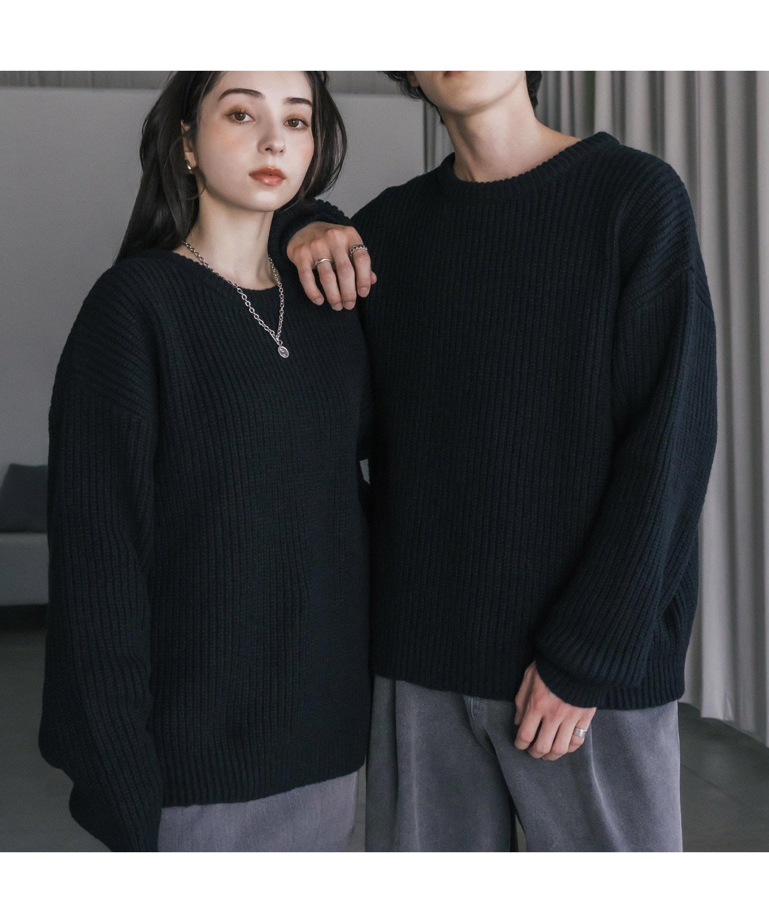 【ロッキーモンロー/Rocky Monroe】のオーバーサイズ畦編みクルーニットセーター インテリア・キッズ・メンズ・レディースファッション・服の通販 founy(ファニー) 　ファッション　Fashion　レディースファッション　Fashion for Women　トップス・カットソー　Cut & Sew Tops　ニット　Knit Tops & Sweaters　畦編みニット・テクスチャードトップス　Ribbed Knit Sweaters / Textured Knit Tops　インナー　Innerwear　畦　Ribbed Knit　シンプル　Simple, Minimal　スラックス　Slacks, Dress Pants　デニム　Denim, Jeans Material　ハイネック　High Neck, Mock Neck　バランス　Balance, Style Balance　フェミニン　Feminine, Girly　メンズ　Men's, Menswear　リラックス　Relax, Relaxed Fit　再入荷　Restock / Back in Stock　おすすめ　Recommended / Our Picks　ブラック|ID: prp329100004746804 ipo3291000000034513917