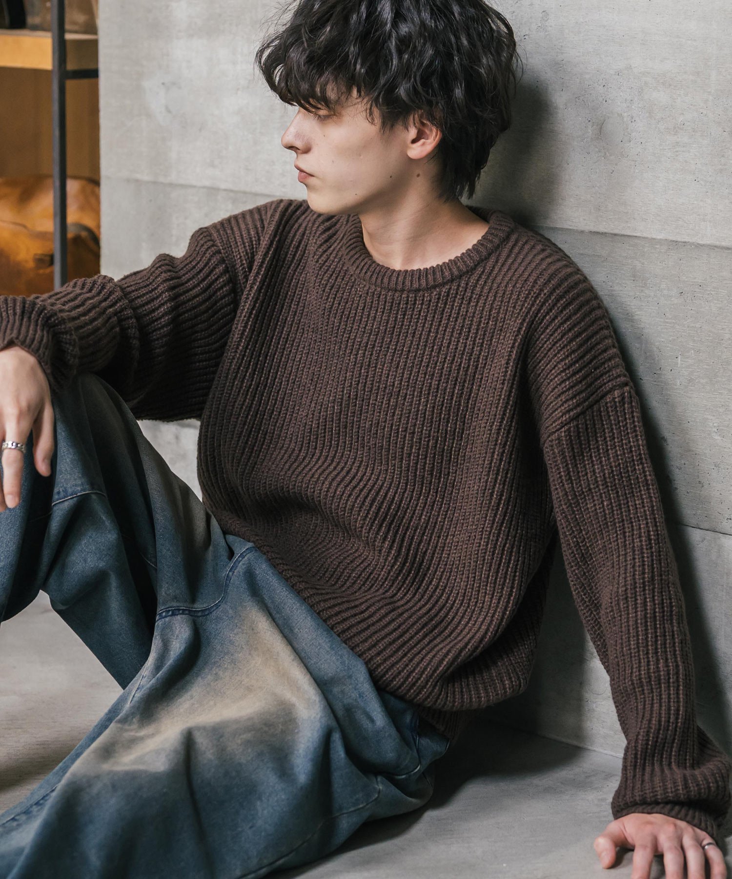 【ロッキーモンロー/Rocky Monroe】のオーバーサイズ畦編みクルーニットセーター インテリア・キッズ・メンズ・レディースファッション・服の通販 founy(ファニー) 　ファッション　Fashion　レディースファッション　Fashion for Women　トップス・カットソー　Cut & Sew Tops　ニット　Knit Tops & Sweaters　畦編みニット・テクスチャードトップス　Ribbed Knit Sweaters / Textured Knit Tops　インナー　Innerwear　畦　Ribbed Knit　シンプル　Simple, Minimal　スラックス　Slacks, Dress Pants　デニム　Denim, Jeans Material　ハイネック　High Neck, Mock Neck　バランス　Balance, Style Balance　フェミニン　Feminine, Girly　メンズ　Men's, Menswear　リラックス　Relax, Relaxed Fit　再入荷　Restock / Back in Stock　おすすめ　Recommended / Our Picks　ブラウン|ID: prp329100004746804 ipo3291000000034513923