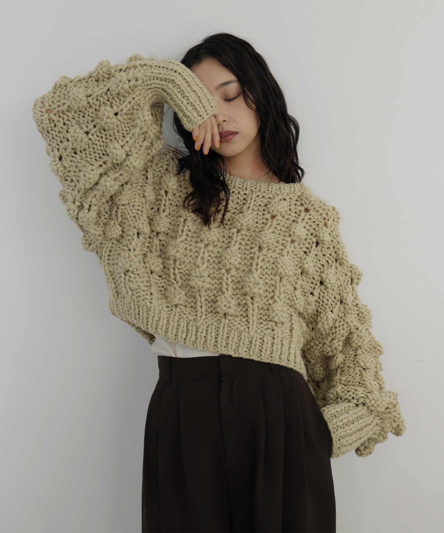 【ヘラム/hellam】のポップコーンハンドニット インテリア・キッズ・メンズ・レディースファッション・服の通販 founy(ファニー) 　ファッション　Fashion　レディースファッション　Fashion for Women　トップス・カットソー　Cut & Sew Tops　ニット　Knit Tops & Sweaters　オリーブ|ID: prp329100004746821 ipo3291000000034670559