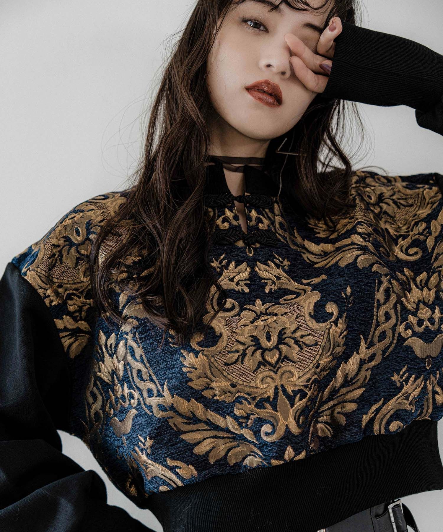 【ハレ/HARE】のチャイナスウェット インテリア・キッズ・メンズ・レディースファッション・服の通販 founy(ファニー) 　ファッション　Fashion　レディースファッション　Fashion for Women　トップス・カットソー　Cut & Sew Tops　レディースパーカー・カジュアルフーディー　Casual Hoodies & Sweatshirts　スウェット・クルーネックトップス　Sweatshirts & Crewnecks / Relaxed Fit Sweat Tops　おすすめ　Recommended / Our Picks　ウェーブ　Wavy Pattern　ショート　Short, Short Length　シルバー　Silver, Metallic Silver　スウェット / スエット　Sweatshirt, Sweatwear　ストレート　Straight, Straight Cut　チュニック　Tunic, Long Top　ルーズ　Loose, Oversized　ワイド　Wide, Wide Fit　ヴィンテージ　Vintage Style　定番　Standard, Basic Item　ゴールド×ネイビー85|ID: prp329100004746873 ipo3291000000034647977