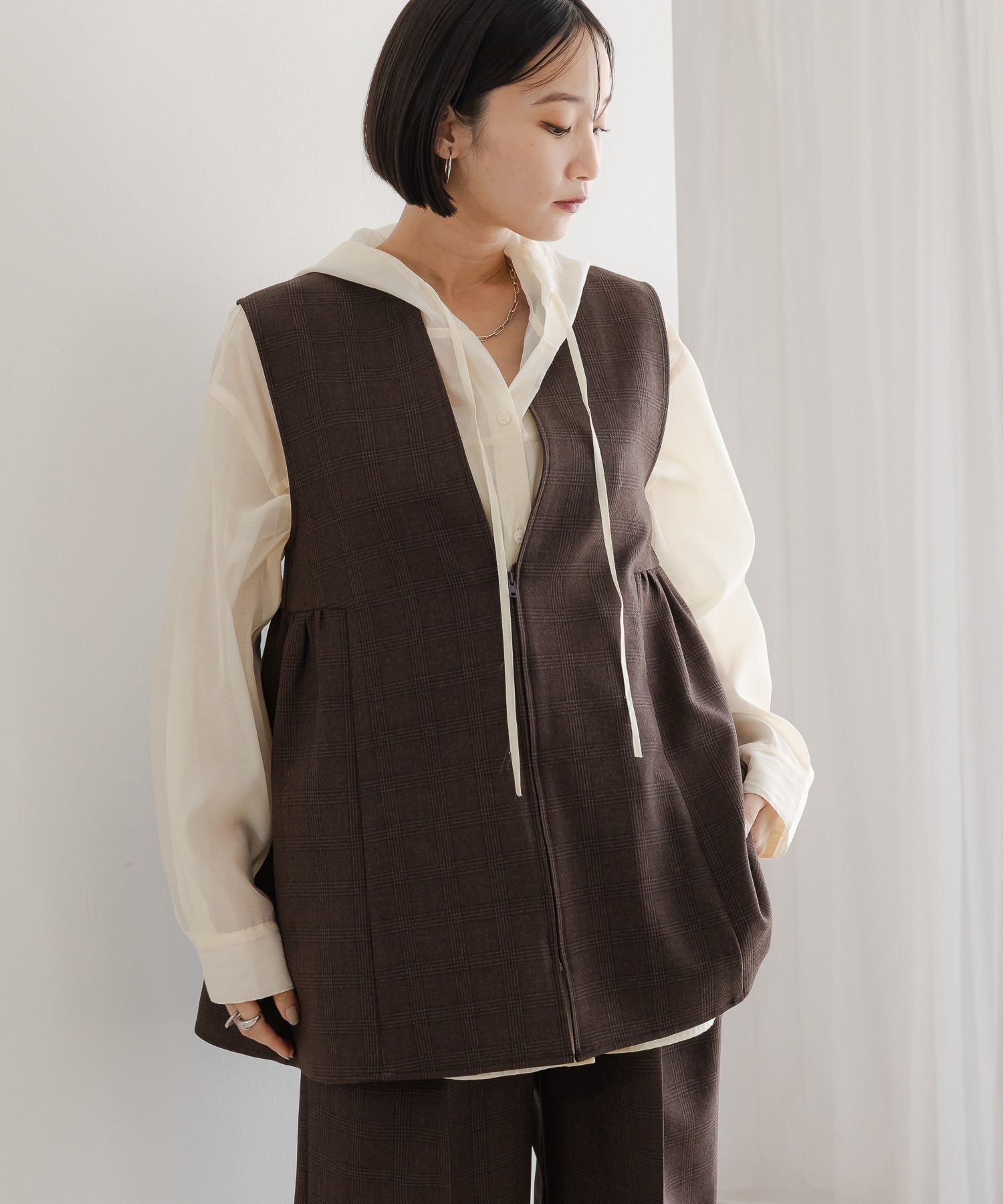 【ローリーズファーム/LOWRYS FARM】のラナテックベスト インテリア・キッズ・メンズ・レディースファッション・服の通販 founy(ファニー)  ファッション Fashion レディースファッション Fashion for Women アウター Coat / Outerwear Collection トップス・カットソー Cut & Sew Tops ベスト&ジレ / 重ね着スタイル Vests & Gilets おすすめ Recommended / Our Picks ギャザー Gathered, Ruffled シンプル Simple, Minimal セットアップ Set-Up, Coordinated Outfit フレア Flare, Flared ベスト Vest, Waistcoat ペプラム Peplum, Flared Hem ポケット Pocket, Pocket Detail ブラウンチェック|ID: prp329100004746937 ipo3291000000034319944