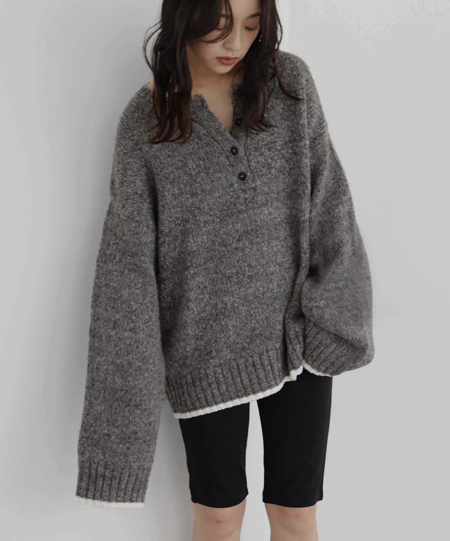 【ヘラム/hellam】のバイカラーヘンリーネックミックスニット インテリア・キッズ・メンズ・レディースファッション・服の通販 founy(ファニー) 　ファッション　Fashion　レディースファッション　Fashion for Women　トップス・カットソー　Cut & Sew Tops　ニット　Knit Tops & Sweaters　ミックス　Mix, Mixed Style　チャコール|ID: prp329100004747512 ipo3291000000034438416