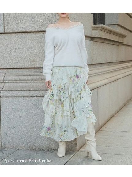 【スナイデル/SNIDEL】のラッフルフリルティアードスカート インテリア・キッズ・メンズ・レディースファッション・服の通販 founy(ファニー) 　ファッション　Fashion　レディースファッション　Fashion for Women　スカート　Skirts　ティアードスカート　Tiered Skirts　ウェーブ　Wavy Pattern　オーガンジー　Organza Fabric　今季　This Season, Current Season　シアー　Sheer, See-Through　シフォン　Chiffon, Lightweight Fabric　シャーリング　Shirring, Ruched　シルバー　Silver, Metallic Silver　ストレート　Straight, Straight Cut　セットアップ　Set-Up, Coordinated Outfit　ティアード　Tiered, Tiered Style　ティアードスカート　Tiered Skirt, Flounced Skirt　トレンド　Trend, Trending Now　定番　Standard, Basic Item　人気　Popular, Best Seller　フィット　Fit, Slim Fit　フェミニン　Feminine, Girly　フラワー　Flower, Floral　フロント　Front, Front Design　プリント　Print, Printed Pattern　無地　Plain, Solid Color　ロング　Long, Long-Length　おすすめ　Recommended / Our Picks　FLOWER[936]|ID: prp329100004747613 ipo3291000000034498247