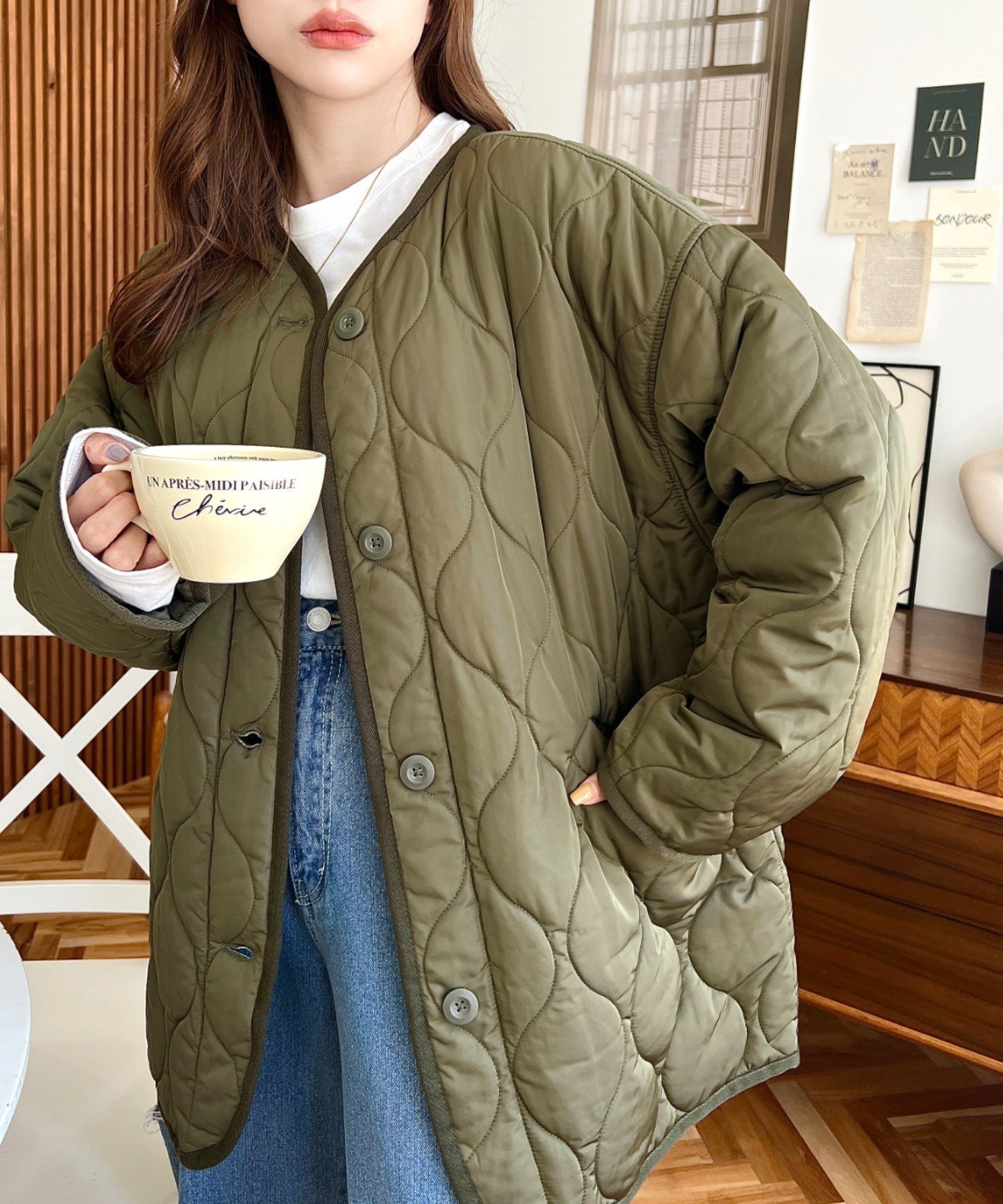 【モーメントプラス/moment+ / MEN】のキルティングノーカラーコート インテリア・キッズ・メンズ・レディースファッション・服の通販 founy(ファニー) 　ファッション　Fashion　メンズファッション　Fashion for Men　キルティング　Quilted, Quilting　キルト　Quilt, Quilted Fabric　軽量　Lightweight, Ultra Light　デニム　Denim, Jeans Material　トレンド　Trend, Trending Now　ビッグ　Big, Oversized　ベーシック　Basic, Essential　ポケット　Pocket, Pocket Detail　ミドル　Middle Length, Mid Height　ミニスカート　Mini Skirt, Short Skirt　ミリタリー　Military, Army Style　ロング　Long, Long-Length　再入荷　Restock / Back in Stock　プチプライス・低価格　Affordable / Budget Price　カーキ|ID: prp329100004747631 ipo3291000000034329291