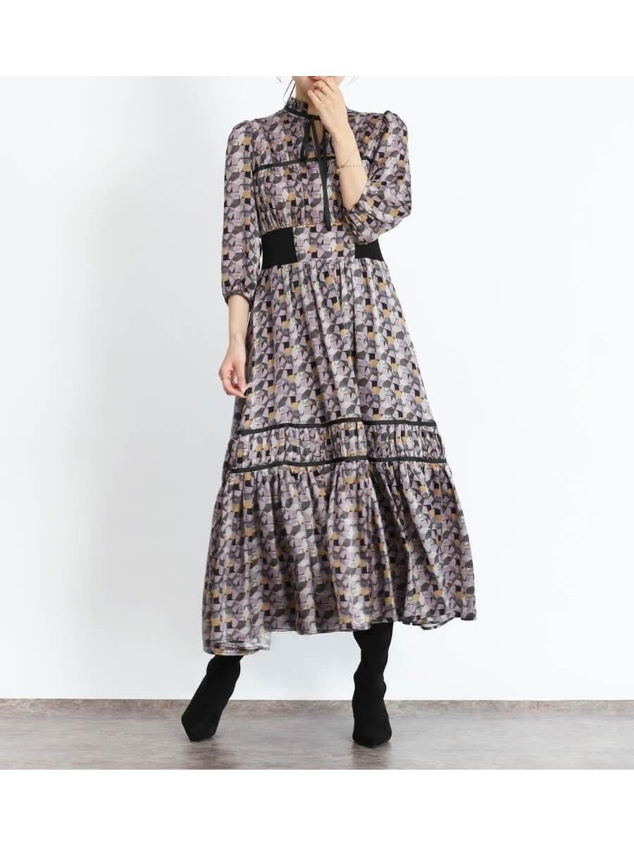 【ヴァン/Vin】のレトロパターンロングスリーブフレアワンピース 人気、トレンドファッション・服の通販 founy(ファニー) 　ファッション　Fashion　レディースファッション　Fashion for Women　ワンピース　Dresses　カーディガン　Cardigan, Knitwear　ギャザー　Gathered, Ruffled　クラシカル　Classical, Vintage-Inspired　スリーブ　Sleeve, Long Sleeve / Short Sleeve　フィット　Fit, Slim Fit　モチーフ　Motif, Design Theme　リボン　Ribbon, Bow　ロマンティック　Romantic, Feminine Style　ワイドリブ　Wide Rib, Wide Ribbed Knit　 other-1|ID: prp329100004747966 ipo3291000000034331965