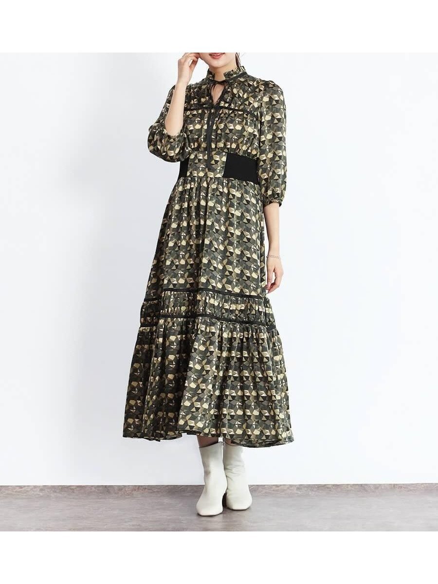 【ヴァン/Vin】のレトロパターンロングスリーブフレアワンピース インテリア・キッズ・メンズ・レディースファッション・服の通販 founy(ファニー) 　ファッション　Fashion　レディースファッション　Fashion for Women　ワンピース　Dresses　カーディガン　Cardigan, Knitwear　ギャザー　Gathered, Ruffled　クラシカル　Classical, Vintage-Inspired　スリーブ　Sleeve, Long Sleeve / Short Sleeve　フィット　Fit, Slim Fit　モチーフ　Motif, Design Theme　リボン　Ribbon, Bow　ロマンティック　Romantic, Feminine Style　ワイドリブ　Wide Rib, Wide Ribbed Knit　ブラウン|ID: prp329100004747966 ipo3291000000034331968
