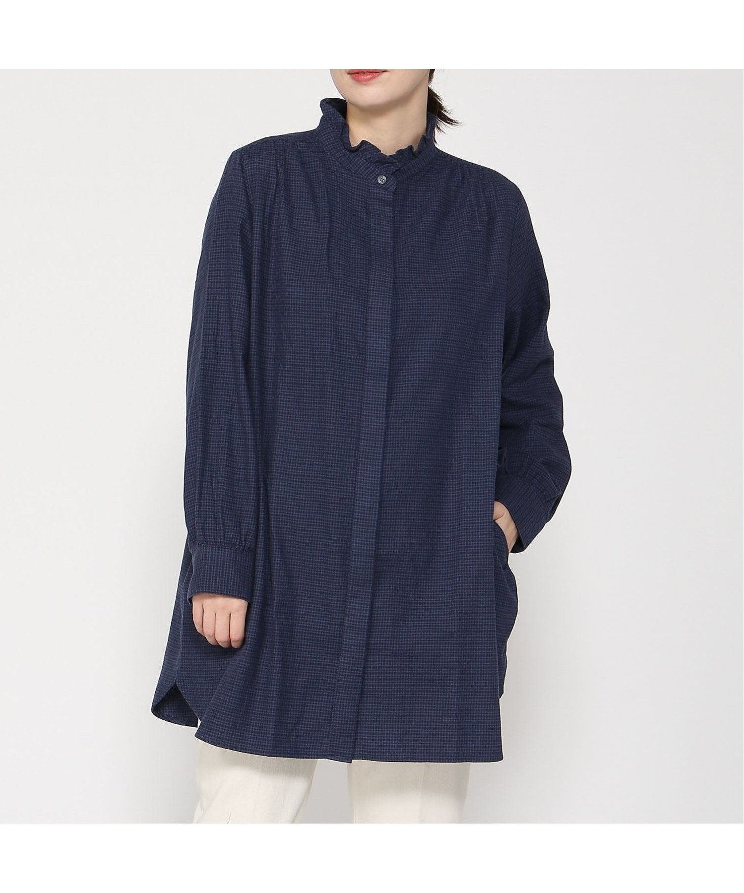【クロコダイル/CROCODILE】の起毛 襟フリル チェックチュニック インテリア・キッズ・メンズ・レディースファッション・服の通販 founy(ファニー) 　ファッション　Fashion　レディースファッション　Fashion for Women　トップス・カットソー　Cut & Sew Tops　チェック　Check, Plaid, Tartan　チュニック　Tunic, Long Top　フリル　Frill, Ruffle　ネイビー|ID: prp329100004748006 ipo3291000000034332171