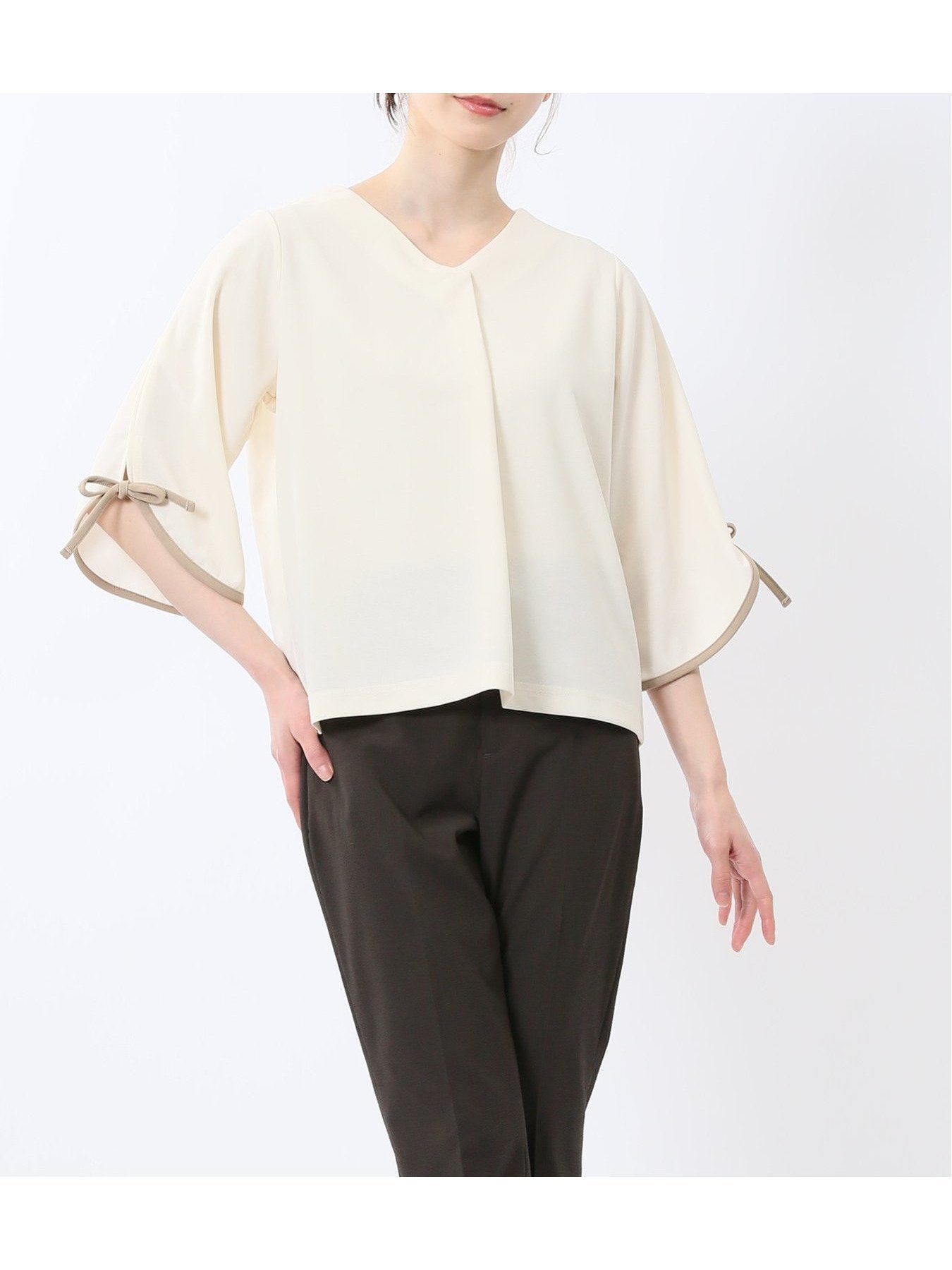 【タカキュー/TAKA-Q】のカットジョーゼット 配色 7分袖プルオーバー 人気、トレンドファッション・服の通販 founy(ファニー) 　ファッション　Fashion　レディースファッション　Fashion for Women　トップス・カットソー　Cut & Sew Tops　カジュアルプルオーバー・ニットトップス　Pullovers & Knit Tops / Casual Pullovers　インナー　Innerwear　春　Spring　秋　Autumn　カーディガン　Cardigan, Knitwear　ジャケット　Jacket, Outerwear　ジョーゼット　Georgette, Semi-Sheer Fabric　ストレッチ　Stretch, Stretchy Fabric　ストレート　Straight, Straight Cut　スーツ　Suit, Formalwear　フィット　Fit, Slim Fit　ベーシック　Basic, Essential　リボン　Ribbon, Bow　冬　Winter / This Winter　A/W・秋冬　Autumn/Winter　S/S・春夏　SS, Spring/Summer, Warm Season　おすすめ　Recommended / Our Picks　夏　Summer　ギフト プレゼント　Gift / Present　ビジネス 仕事 通勤　Business / Work / Commuting　 other-1|ID: prp329100004748067 ipo3291000000034332596