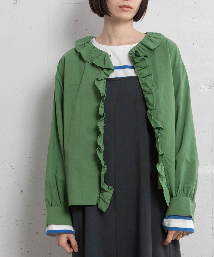 【プードゥドゥ/POU DOU DOU】のラッフルフリルブラウス インテリア・キッズ・メンズ・レディースファッション・服の通販 founy(ファニー) https://founy.com/ ファッション Fashion レディースファッション Fashion for Women トップス・カットソー Cut & Sew Tops シャツ・ブラウス・オフィスカジュアル Elegant Blouses & Button-Ups ギャザー Gathered, Ruffled スマート Smart, Elegant デニム Denim, Jeans Material バランス Balance, Style Balance フリル Frill, Ruffle フロント Front, Front Design ボーダー Border, Stripe 羽織 Haori, Light Jacket |ID: prp329100004748100 ipo3291000000034332883
