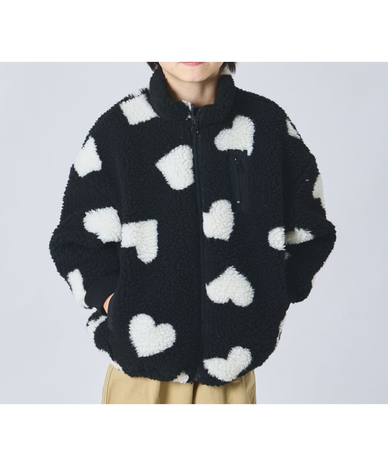 【ペアマノン/pairmanon / KIDS】の【エアサーマル】ユニセックス 総柄 無地 ボアブルゾン インテリア・キッズ・メンズ・レディースファッション・服の通販 founy(ファニー) 　ファッション　Fashion　キッズファッション　Fashion for Kids　ブルゾン　Blouson, Bomber Jacket　ループ　Loop, Loop Knit　無地　Plain, Solid Color　ブラックハート18|ID: prp329100004748234 ipo3291000000034889459