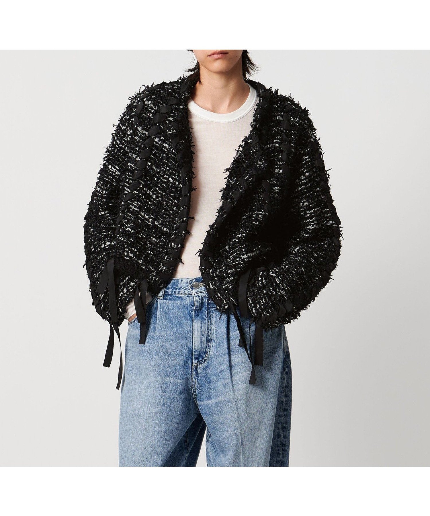 【ユナイテッドアローズ/UNITED ARROWS】のAEWEN MATOPH ツイードライクニットジャケット インテリア・キッズ・メンズ・レディースファッション・服の通販 founy(ファニー) 　ファッション　Fashion　レディースファッション　Fashion for Women　アウター　Coat / Outerwear Collection　レディースジャケット・軽アウター　Jackets　イレギュラー　Irregular Design　カーディガン　Cardigan, Knitwear　ジャケット　Jacket, Outerwear　フリンジ　Fringe, Tassel　ポケット　Pocket, Pocket Detail　リボン　Ribbon, Bow　ワイド　Wide, Wide Fit　BLACK|ID: prp329100004748817 ipo3291000000035196330