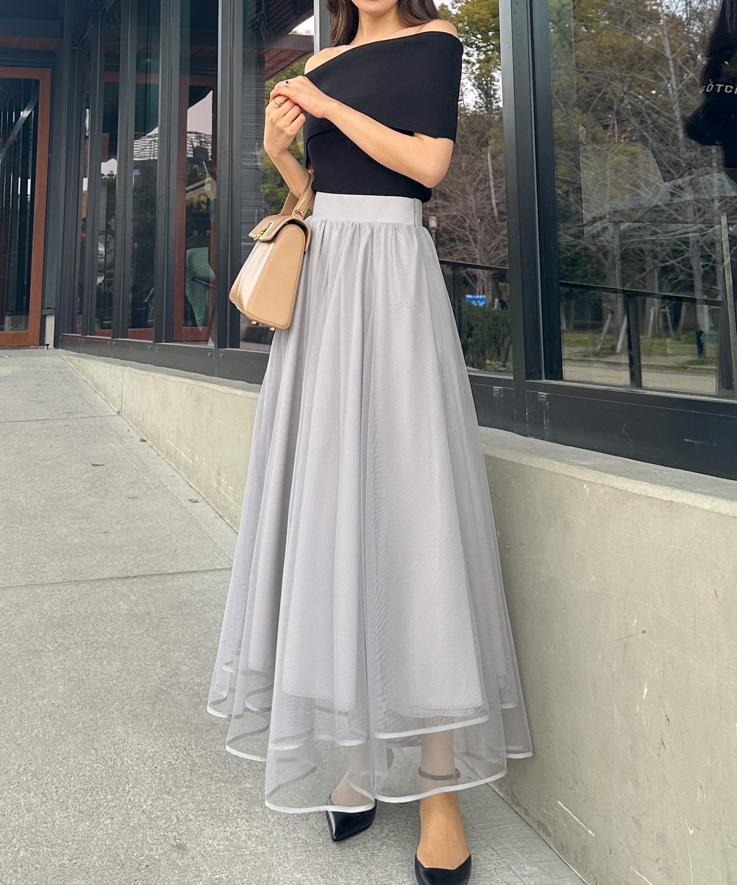 【ジュノア/JUNOAH】のLouere チュールフレアスカート インテリア・キッズ・メンズ・レディースファッション・服の通販 founy(ファニー) 　ファッション　Fashion　レディースファッション　Fashion for Women　スカート　Skirts　Aライン・フレアスカート　A-Line & Flared Skirts　ライトグレー|ID: prp329100004748975 ipo3291000000034466680