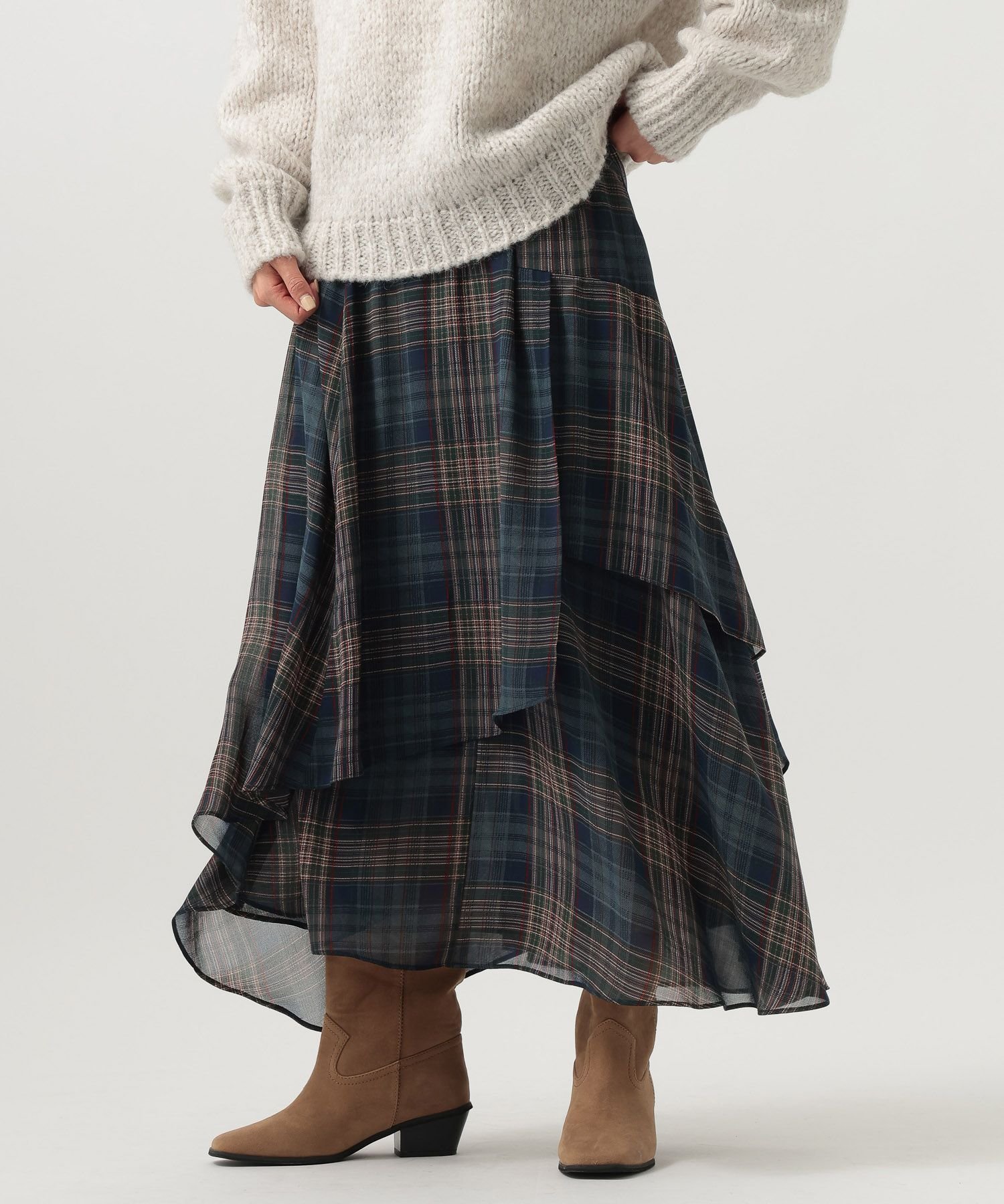 【ベイフロー/BAYFLOW】のイレヘムチェックフレアスカート インテリア・キッズ・メンズ・レディースファッション・服の通販 founy(ファニー) 　ファッション　Fashion　レディースファッション　Fashion for Women　スカート　Skirts　Aライン・フレアスカート　A-Line & Flared Skirts　おすすめ　Recommended / Our Picks　スウェット / スエット　Sweatshirt, Sweatwear　チェック　Check, Plaid, Tartan　トレンド　Trend, Trending Now　ビッグ　Big, Oversized　フェミニン　Feminine, Girly　フレア　Flare, Flared　ベーシック　Basic, Essential　ランダム　Random, Irregular　冬　Winter / This Winter　無地　Plain, Solid Color　ネイビー88|ID: prp329100004749005 ipo3291000000034608896