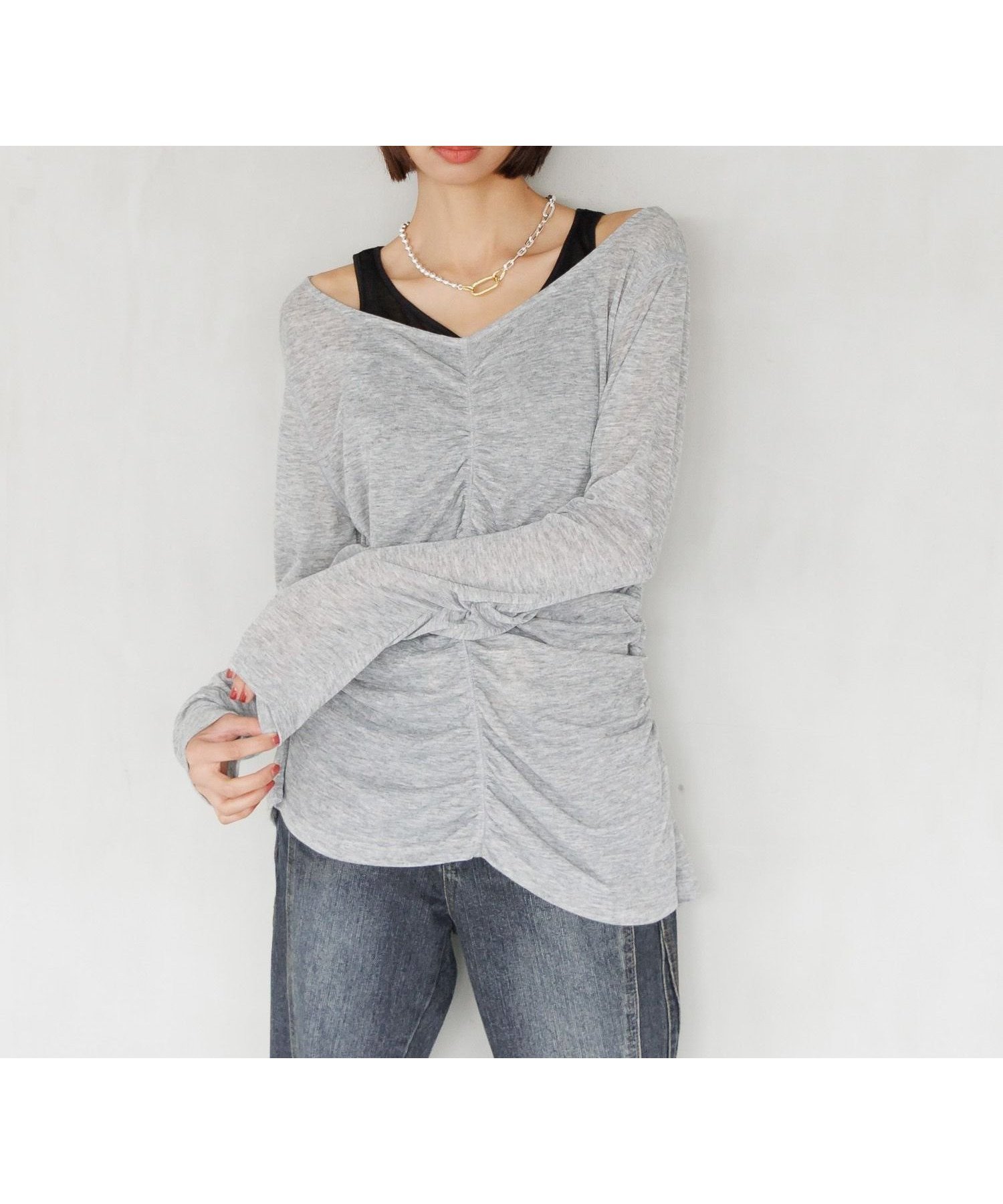 【ページボーイ/PAGEBOY】のシャーリングトップス×タンクセット(長袖) インテリア・キッズ・メンズ・レディースファッション・服の通販 founy(ファニー) 　ファッション　Fashion　レディースファッション　Fashion for Women　トップス・カットソー　Cut & Sew Tops　インナー　Innerwear　ギャザー　Gathered, Ruffled　シアー　Sheer, See-Through　シンプル　Simple, Minimal　タンク　Tank Top, Sleeveless Top　デニム　Denim, Jeans Material　ボトム　Bottoms, Lower Wear　秋　Autumn　長袖　Long Sleeve, Full Sleeve　グレー15|ID: prp329100004749011 ipo3291000000034648478