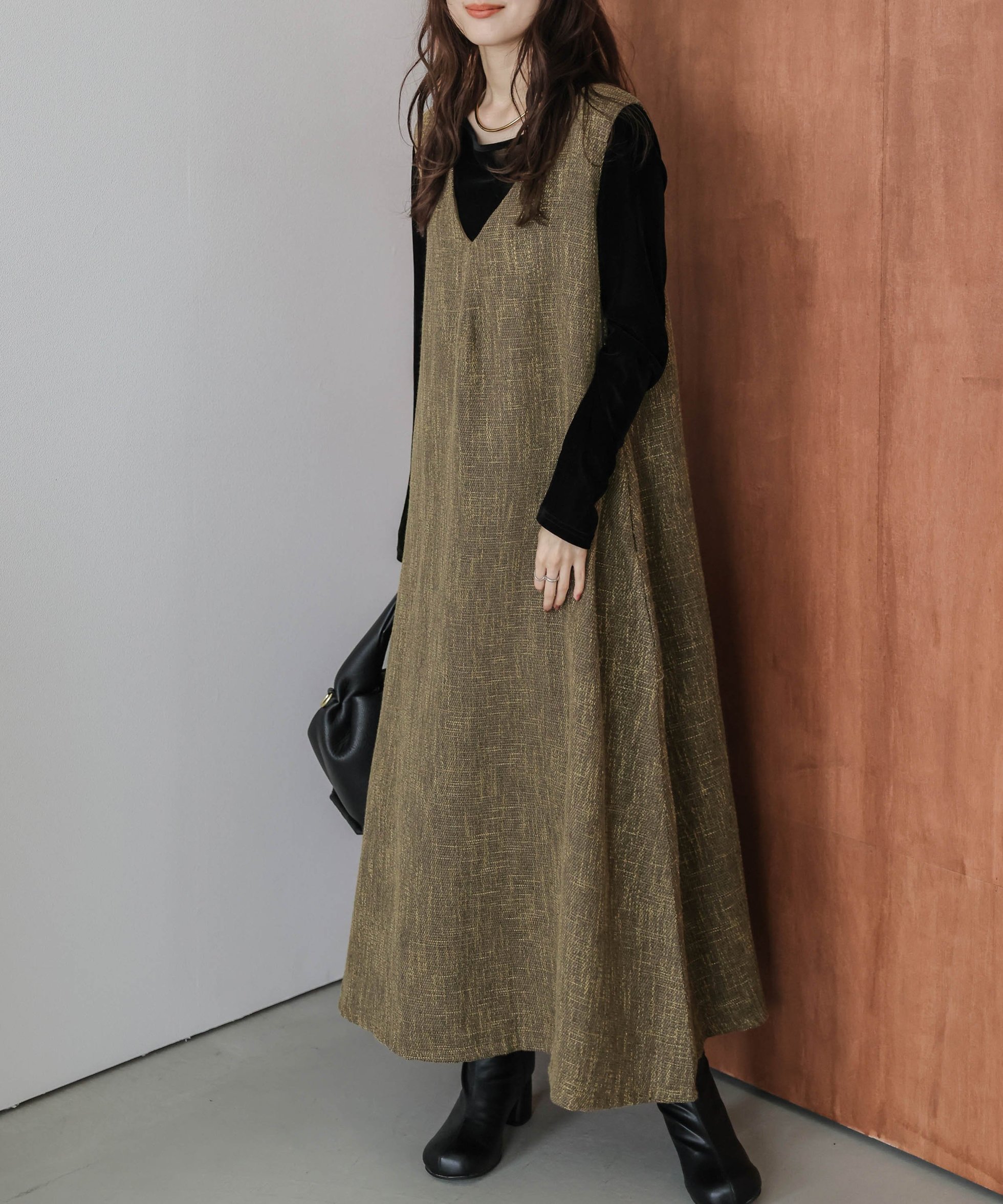 【ラジュール/Lajour】のツイードフレアジャンパースカート インテリア・キッズ・メンズ・レディースファッション・服の通販 founy(ファニー) 　ファッション　Fashion　レディースファッション　Fashion for Women　スカート　Skirts　2025年　2025　2025-2026秋冬・A/W　Autumn/Winter 2025–26 AW25–26　インナー　Innerwear　キャミソール　Camisole, Spaghetti Strap Top　タートルネック　Turtleneck, High Neck　ツイード　Twill, Twill Weave　フェミニン　Feminine, Girly　エレガント 上品　Elegant　ブラウン|ID: prp329100004749122 ipo3291000000034633421