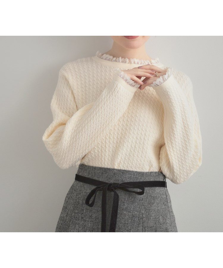【クチュール ブローチ/Couture Brooch】の【大人上品・着映え】ケーブルレース バックリボンニット 人気、トレンドファッション・服の通販 founy(ファニー) 　ファッション　Fashion　レディースファッション　Fashion for Women　トップス・カットソー　Cut & Sew Tops　ニット　Knit Tops & Sweaters　アンサンブル　Ensemble Set　スマート　Smart, Elegant　フリル　Frill, Ruffle　ボトム　Bottoms, Lower Wear　レース　Lace, Lace Fabric　エレガント 上品　Elegant　秋　Autumn　 other-1|ID: prp329100004749182 ipo3291000000034586228