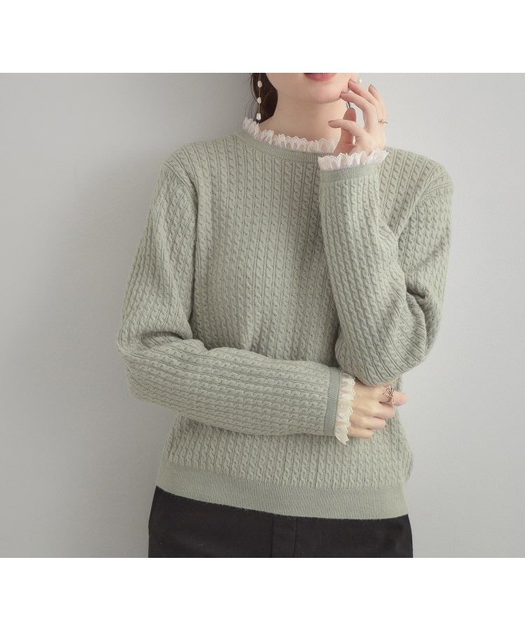 【クチュール ブローチ/Couture Brooch】の【大人上品・着映え】ケーブルレース バックリボンニット インテリア・キッズ・メンズ・レディースファッション・服の通販 founy(ファニー) 　ファッション　Fashion　レディースファッション　Fashion for Women　トップス・カットソー　Cut & Sew Tops　ニット　Knit Tops & Sweaters　アンサンブル　Ensemble Set　スマート　Smart, Elegant　フリル　Frill, Ruffle　ボトム　Bottoms, Lower Wear　レース　Lace, Lace Fabric　エレガント 上品　Elegant　秋　Autumn　ミントグリーン|ID: prp329100004749182 ipo3291000000034586231