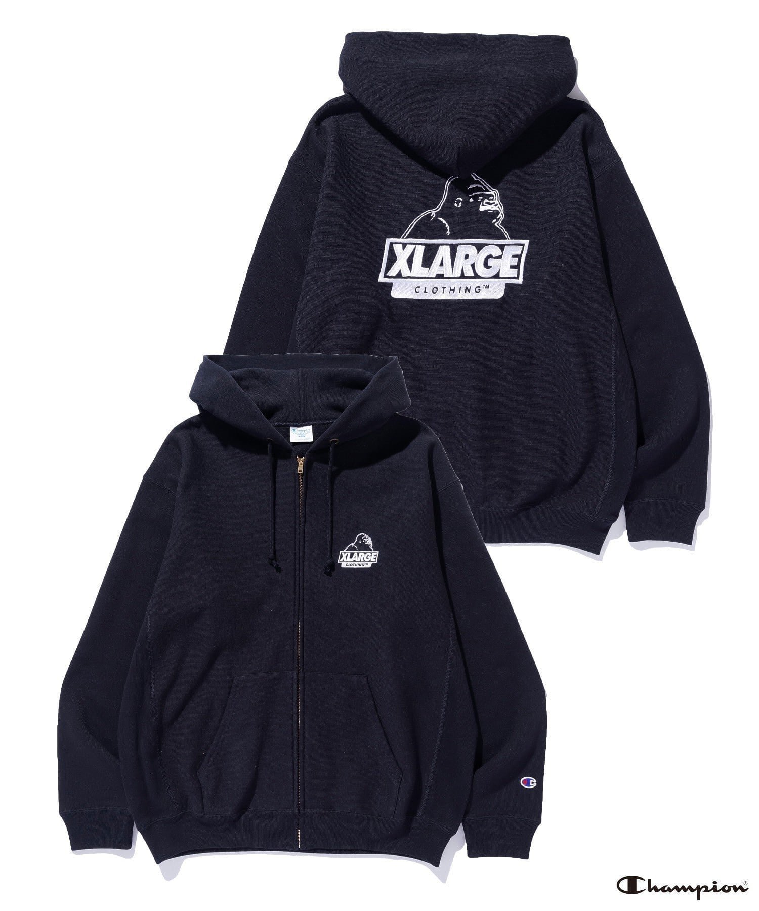 【エクストララージ/XLARGE】のXLARGE×Champion REVERSE WEAVE ZIP UP HOODED SWEATSHIRT インテリア・キッズ・メンズ・レディースファッション・服の通販 founy(ファニー) 　ファッション　Fashion　レディースファッション　Fashion for Women　トップス・カットソー　Cut & Sew Tops　シャツ・ブラウス・オフィスカジュアル　Elegant Blouses & Button-Ups　レディースパーカー・カジュアルフーディー　Casual Hoodies & Sweatshirts　ロングTシャツ・Tシャツ　Longline T-Shirts & Tees　スウェット・クルーネックトップス　Sweatshirts & Crewnecks / Relaxed Fit Sweat Tops　グラフィック　Graphic, Graphic Design　コレクション　Collection, Seasonal Line　ニューヨーク　New York, NYC Style　ベーシック　Basic, Essential　おすすめ　Recommended / Our Picks　BLACK|ID: prp329100004749592 ipo3291000000034479736