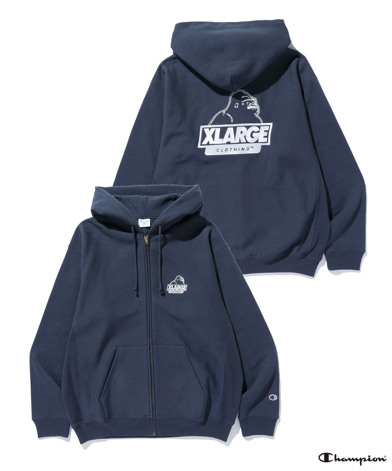 【エクストララージ/XLARGE】のXLARGE×Champion REVERSE WEAVE ZIP UP HOODED SWEATSHIRT インテリア・キッズ・メンズ・レディースファッション・服の通販 founy(ファニー) 　ファッション　Fashion　レディースファッション　Fashion for Women　トップス・カットソー　Cut & Sew Tops　シャツ・ブラウス・オフィスカジュアル　Elegant Blouses & Button-Ups　レディースパーカー・カジュアルフーディー　Casual Hoodies & Sweatshirts　ロングTシャツ・Tシャツ　Longline T-Shirts & Tees　スウェット・クルーネックトップス　Sweatshirts & Crewnecks / Relaxed Fit Sweat Tops　グラフィック　Graphic, Graphic Design　コレクション　Collection, Seasonal Line　ニューヨーク　New York, NYC Style　ベーシック　Basic, Essential　おすすめ　Recommended / Our Picks　NAVY|ID: prp329100004749592 ipo3291000000034479740