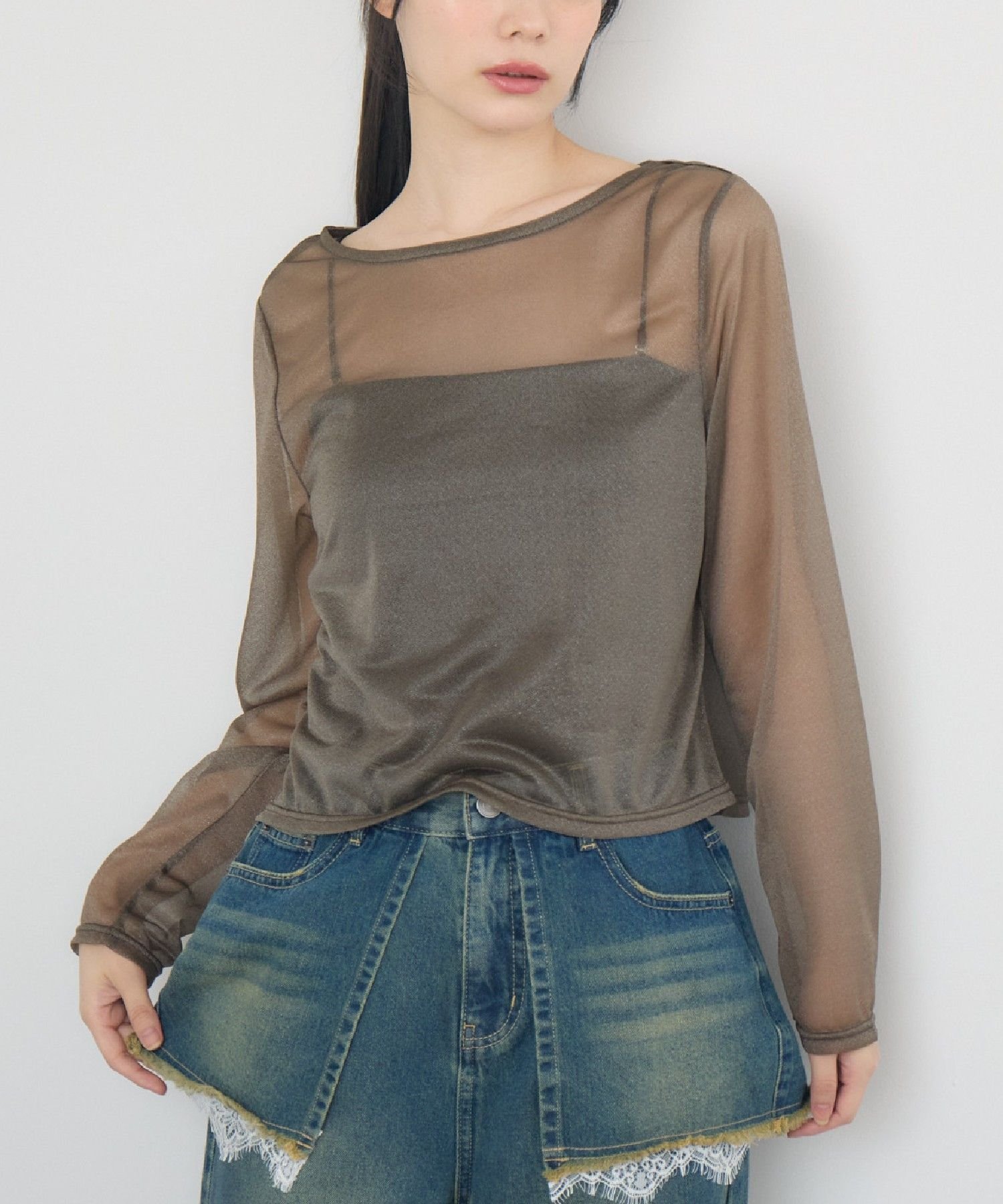 【レトロガール/RETRO GIRL】のクルーネックシアートップス インテリア・キッズ・メンズ・レディースファッション・服の通販 founy(ファニー) 　ファッション　Fashion　レディースファッション　Fashion for Women　トップス・カットソー　Cut & Sew Tops　おすすめ　Recommended / Our Picks　インナー　Innerwear　カットソー　Cut and Sewn Top　キャミソール　Camisole, Spaghetti Strap Top　サロペット　Overalls, Salopette　シンプル　Simple, Minimal　トレンド　Trend, Trending Now　ビスチェ　Bustier, Corset Top　ベーシック　Basic, Essential　春　Spring　秋　Autumn　ブラウン|ID: prp329100004750389 ipo3291000000034348895