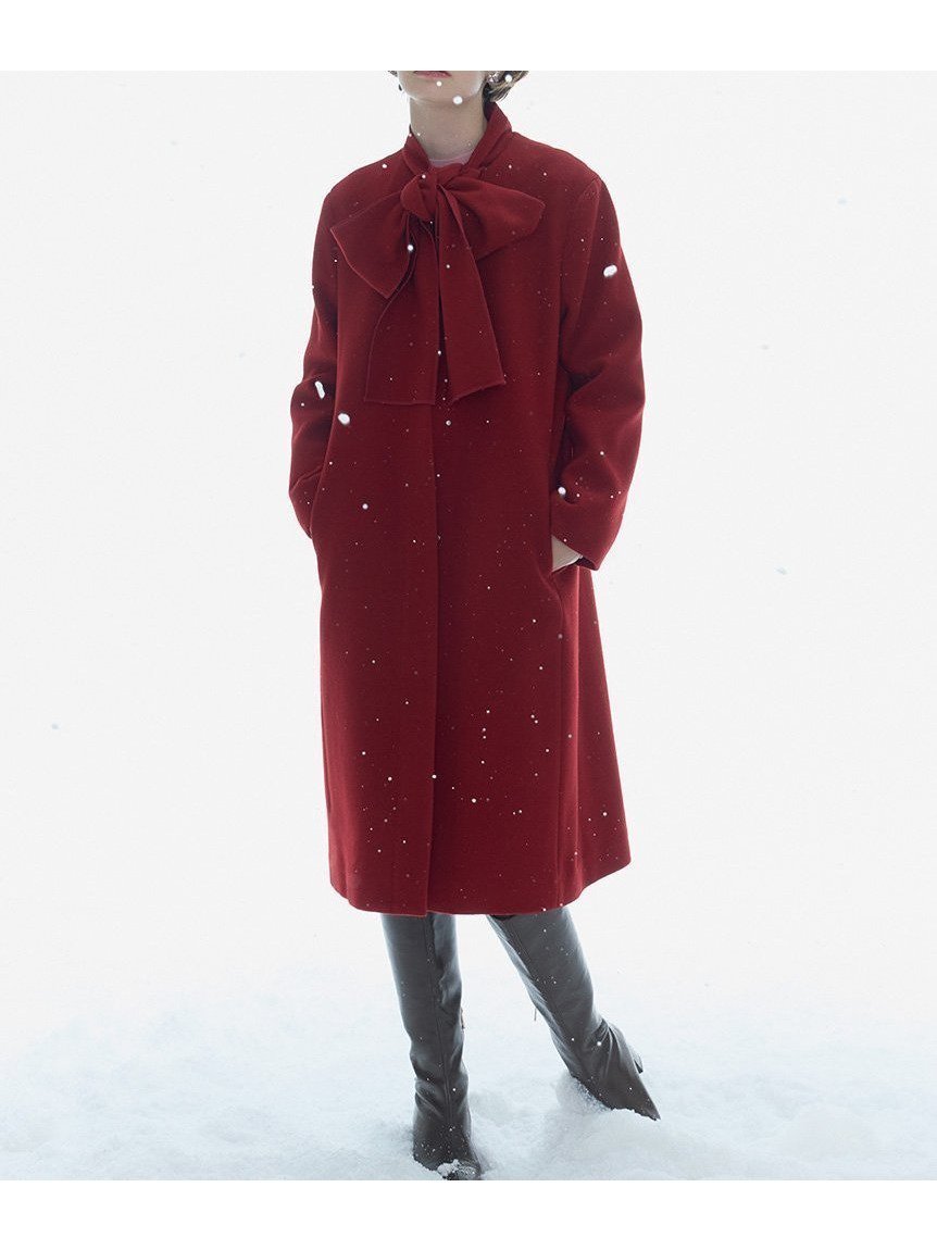 【セルフォード/CELFORD】のリボンストール付きノーカラーコート インテリア・キッズ・メンズ・レディースファッション・服の通販 founy(ファニー) 　ファッション　Fashion　レディースファッション　Fashion for Women　アウター　Coat / Outerwear Collection　コート・ロングコート・ピーコート　Long Coats, Peacoats & More　エレガント 上品　Elegant　ストール　Stole, Wrap　スマート　Smart, Elegant　リボン　Ribbon, Bow　RED[046]|ID: prp329100004750430 ipo3291000000034782842