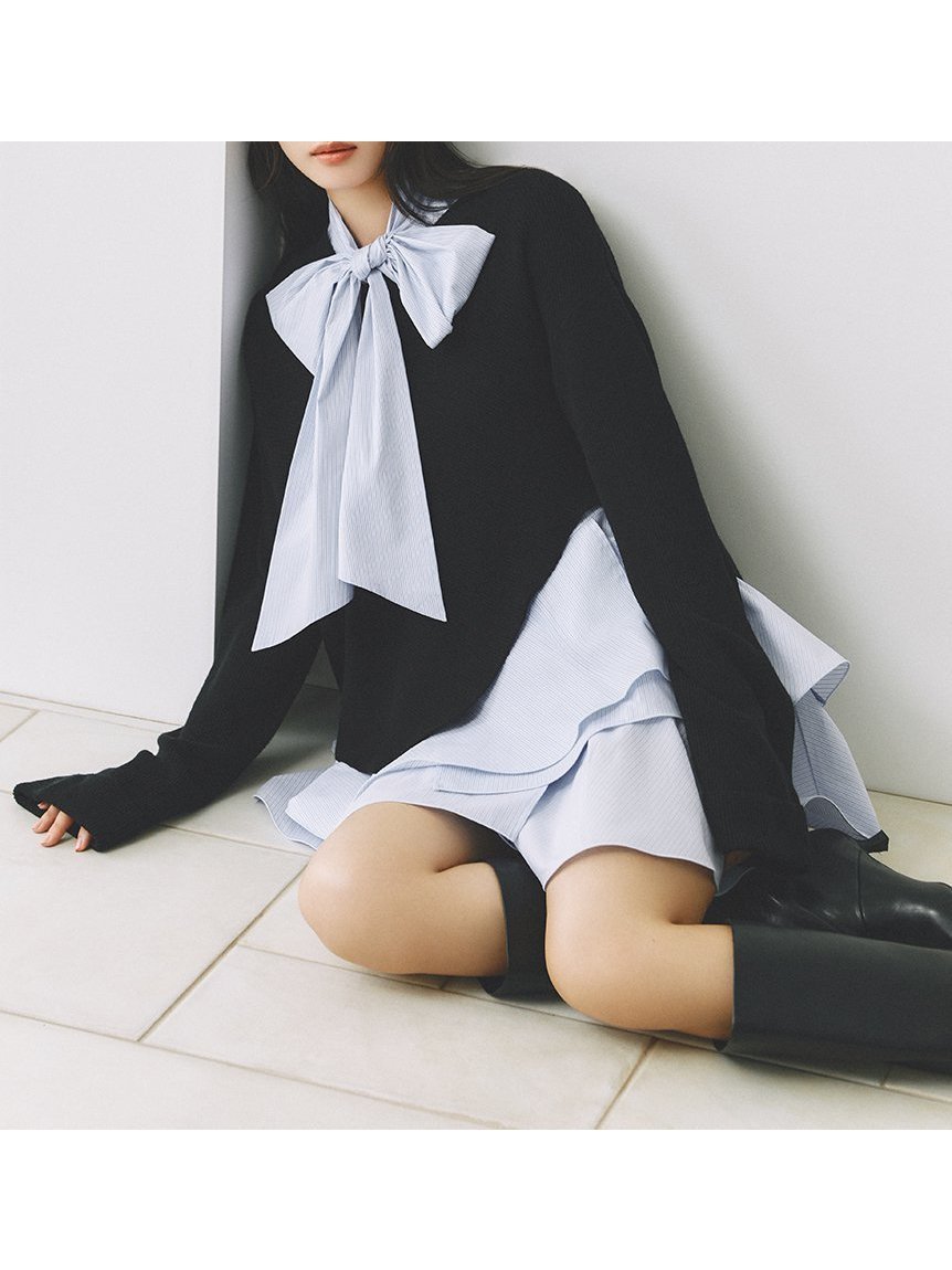 【フレイ アイディー/FRAY I.D】のリボンタイコンビニットチュニック インテリア・キッズ・メンズ・レディースファッション・服の通販 founy(ファニー) 　ファッション　Fashion　レディースファッション　Fashion for Women　トップス・カットソー　Cut & Sew Tops　ニット　Knit Tops & Sweaters　シルク　Silk, 100% Silk　ストライプ　Stripe, Striped Pattern　スマート　Smart, Elegant　スリット　Slit, Slit Detail　チュニック　Tunic, Long Top　バランス　Balance, Style Balance　モダン　Modern, Contemporary　リボン　Ribbon, Bow　おすすめ　Recommended / Our Picks　BLK[009]|ID: prp329100004750547 ipo3291000000034350063