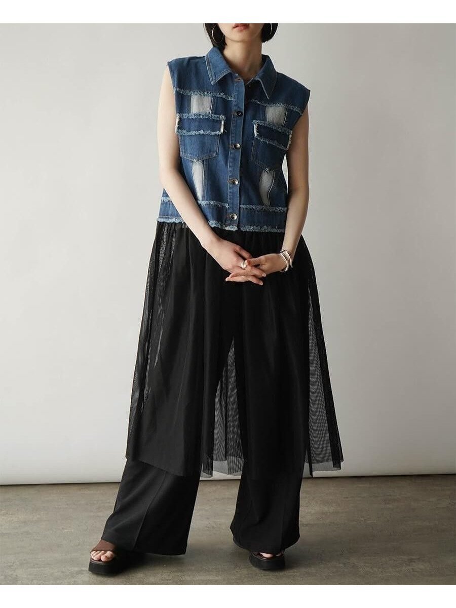 【ラシュッド/LASUD】のデニム× チュールレイヤードワンピース 人気、トレンドファッション・服の通販 founy(ファニー) 　ファッション　Fashion　レディースファッション　Fashion for Women　ワンピース　Dresses　チュール　Tulip, Tulip Motif　デニム　Denim, Jeans Material　フリンジ　Fringe, Tassel　フロント　Front, Front Design　ベスト　Vest, Waistcoat　ロング　Long, Long-Length　 other-1|ID: prp329100004750583 ipo3291000000034350279