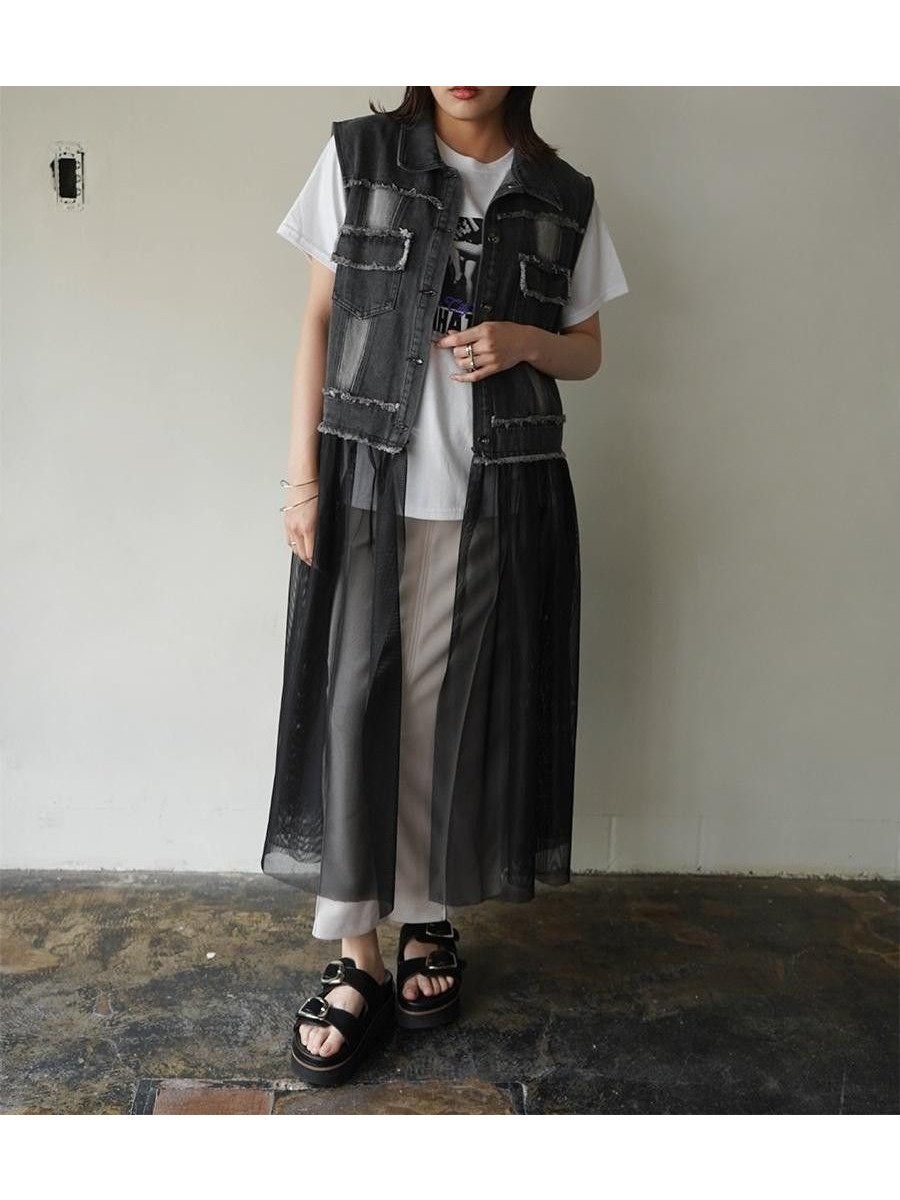 【ラシュッド/LASUD】のデニム× チュールレイヤードワンピース インテリア・キッズ・メンズ・レディースファッション・服の通販 founy(ファニー) 　ファッション　Fashion　レディースファッション　Fashion for Women　ワンピース　Dresses　チュール　Tulip, Tulip Motif　デニム　Denim, Jeans Material　フリンジ　Fringe, Tassel　フロント　Front, Front Design　ベスト　Vest, Waistcoat　ロング　Long, Long-Length　ブラック|ID: prp329100004750583 ipo3291000000034350281