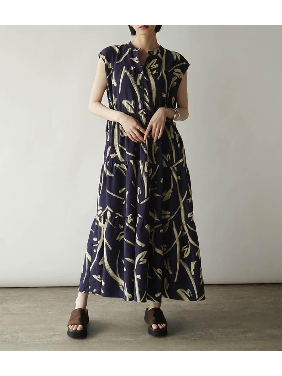 【ラシュッド/LASUD】のウェーブプリントティアードワンピース インテリア・キッズ・メンズ・レディースファッション・服の通販 founy(ファニー) 　ファッション　Fashion　レディースファッション　Fashion for Women　ワンピース　Dresses　アクセサリー　Fashion Accessories　インナー　Innerwear　ティアードワンピース　Tiered Dress, Flared Dress　リボン　Ribbon, Bow　ネイビー|ID: prp329100004750592 ipo3291000000034551204
