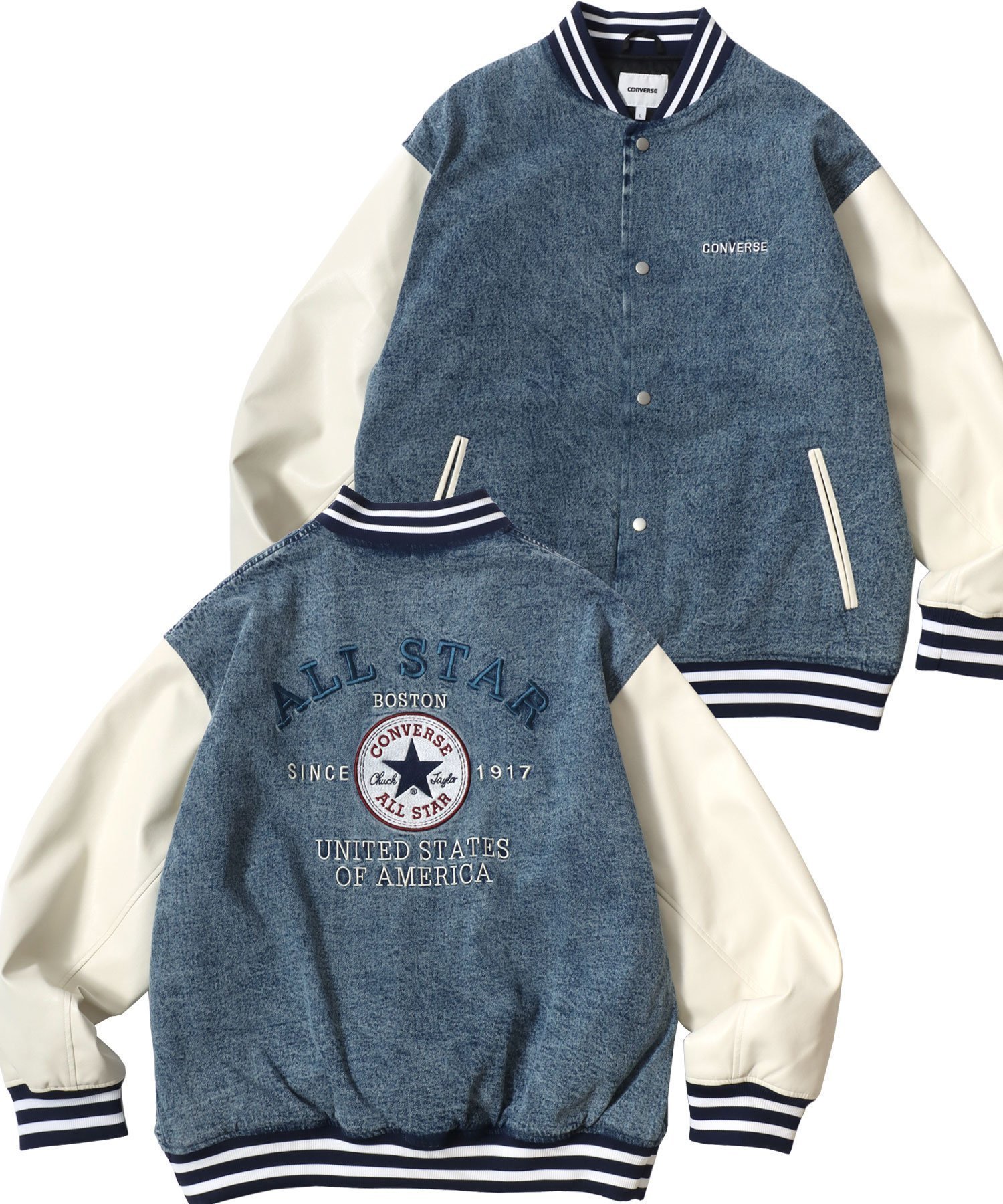 【ラザル/LAZAR】のスタジアムジャケット メンズ スタジャン オーバーサイズ フェイクメルトン デニム インテリア・キッズ・メンズ・レディースファッション・服の通販 founy(ファニー) 　ファッション　Fashion　レディースファッション　Fashion for Women　アウター　Coat / Outerwear Collection　レディースジャケット・軽アウター　Jackets　カーゴパンツ　Cargo Pants, Utility Pants　キャップ　Cap, Baseball Cap　キャンバス　Canvas, Canvas Fabric　キルティング　Quilted, Quilting　クラシカル　Classical, Vintage-Inspired　クール　Cool, Chic　シューズ　Shoes, Footwear　ショート　Short, Short Length　ジャケット　Jacket, Outerwear　スウェット / スエット　Sweatshirt, Sweatwear　ストライプ　Stripe, Striped Pattern　スニーカー　Sneakers, Trainers　スポーツ　Sports, Activewear　スラックス　Slacks, Dress Pants　セットアップ　Set-Up, Coordinated Outfit　センター　Center, Center Line　セーター　Sweater, Knitwear　ダウン　Down, Puffer　デニム　Denim, Jeans Material　トレンド　Trend, Trending Now　定番　Standard, Basic Item　人気　Popular, Best Seller　バスケット　Basket, Basket Bag　パーカー　Hoodie, Parka　ビッグ　Big, Oversized　フェイクレザー　Faux Leather, PU Leather　ブルー系その他|ID: prp329100004750959 ipo3291000000034488177